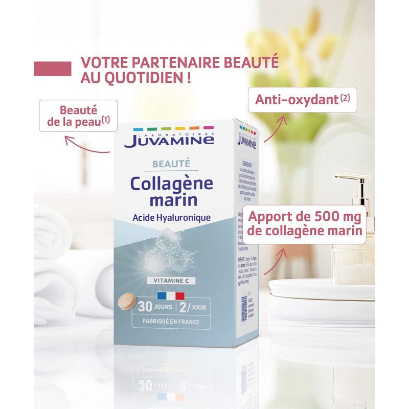 Complément alimentaire Juvamine Collagène marin et Acide hyaluronique - Boîte de 60 comprimés