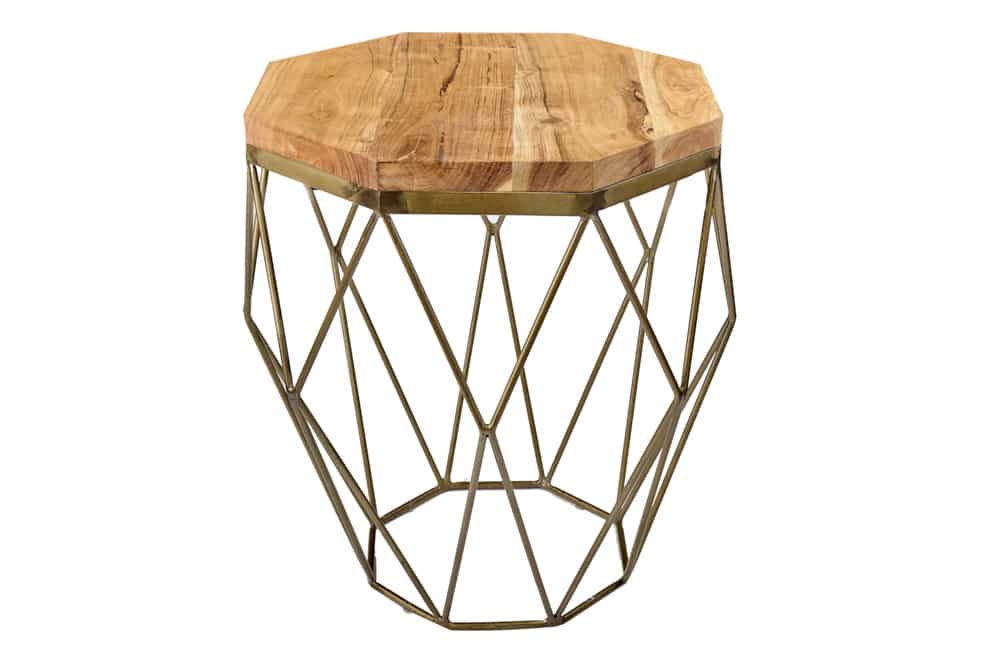Abstrakter Beistelltisch DIAMOND 50cm natur Akazie Massivholz messing Metallgestell