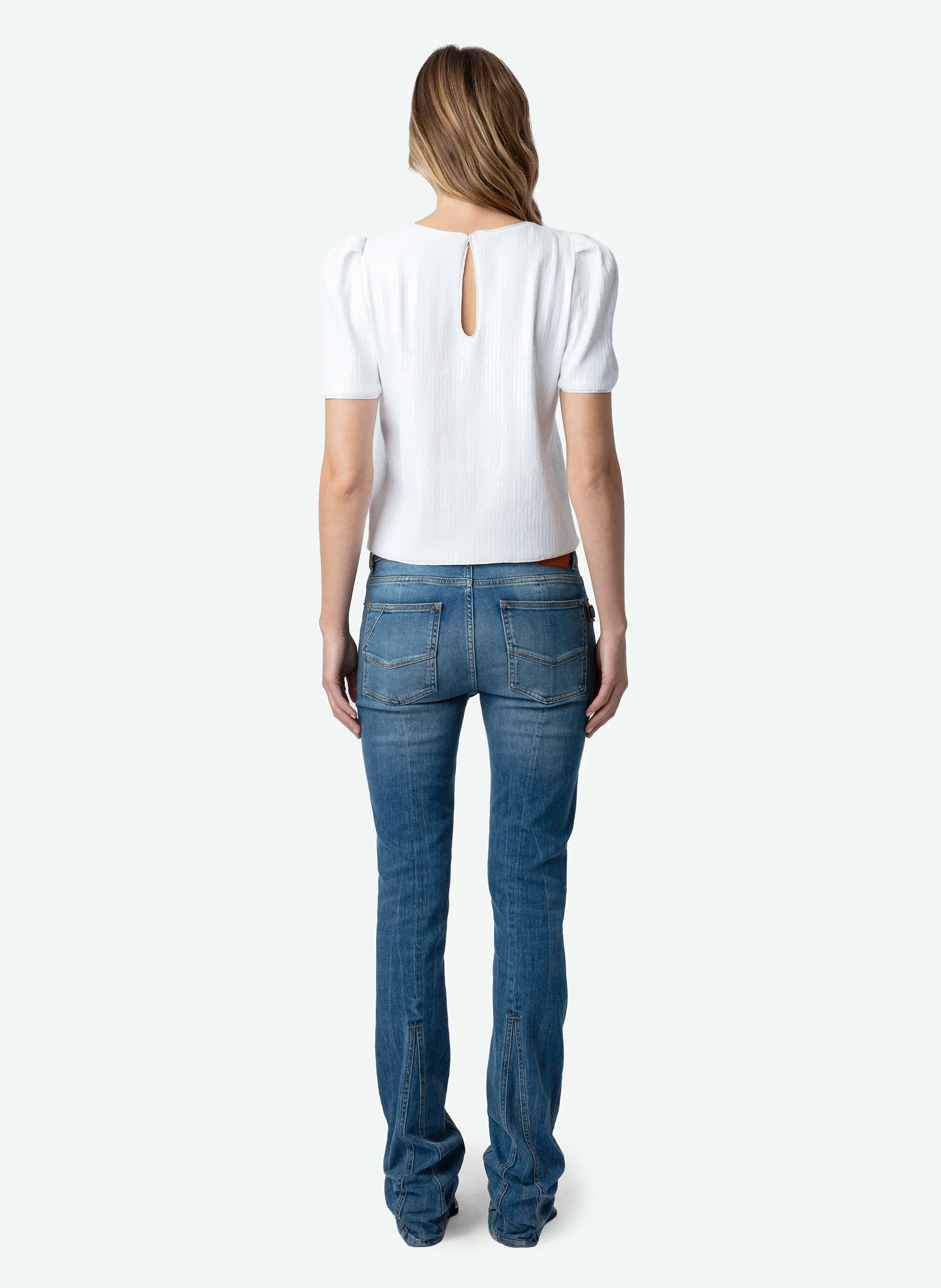 TCHAO - Top col rond à rayures sequins en coton stretch| Blanc