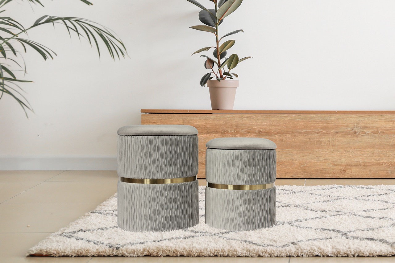 Kayoom Polsterhocker »Hocker Zora 425 2er-Set, Praktischer und versteckter Stauraum« Set, 2 Stk. tlg. 2er-Set mit Stauraum, ineinander stapelbar, goldener Ring