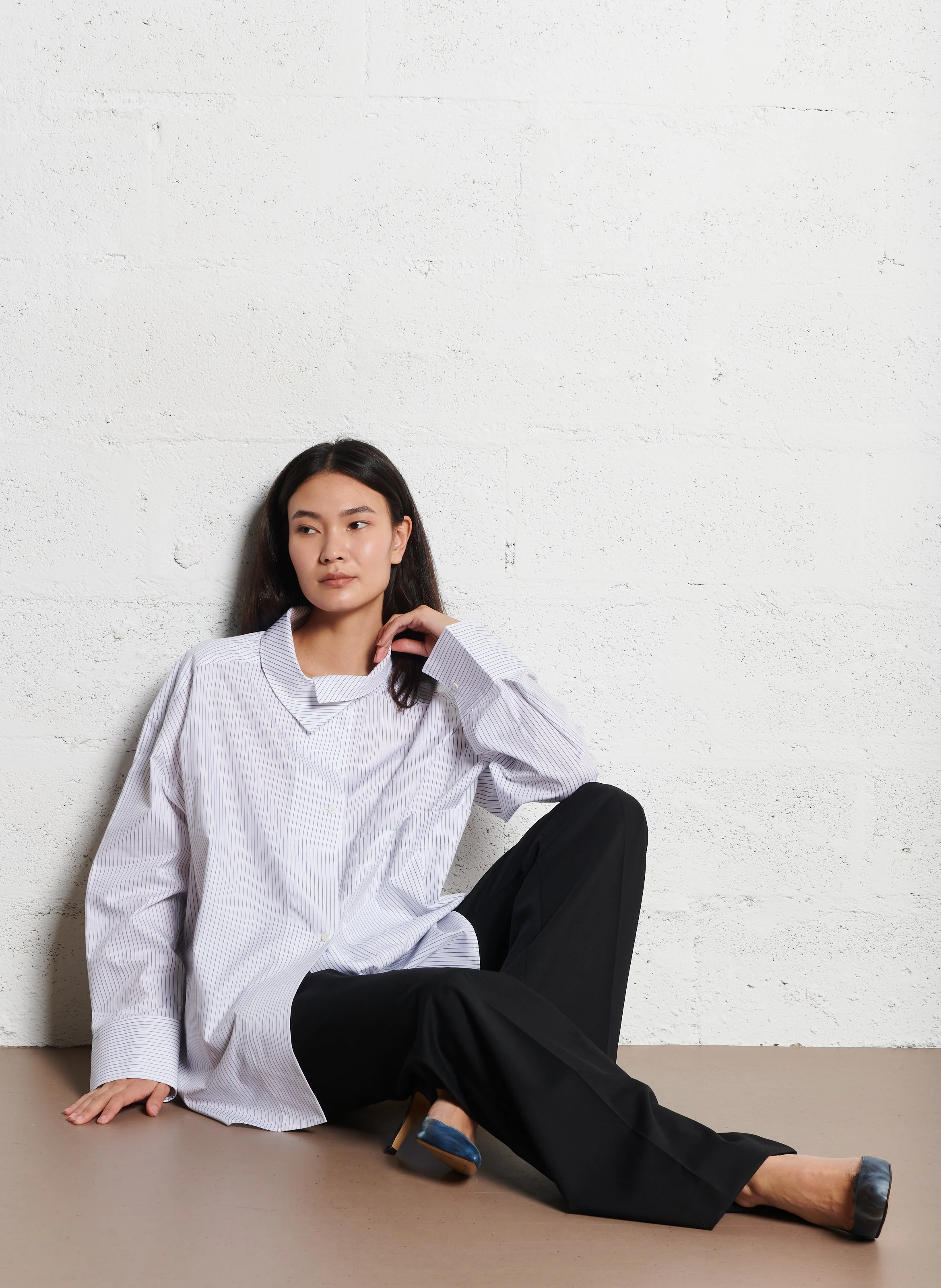 FINLAY - Chemise oversize col asymétrique rayée en coton| Noir