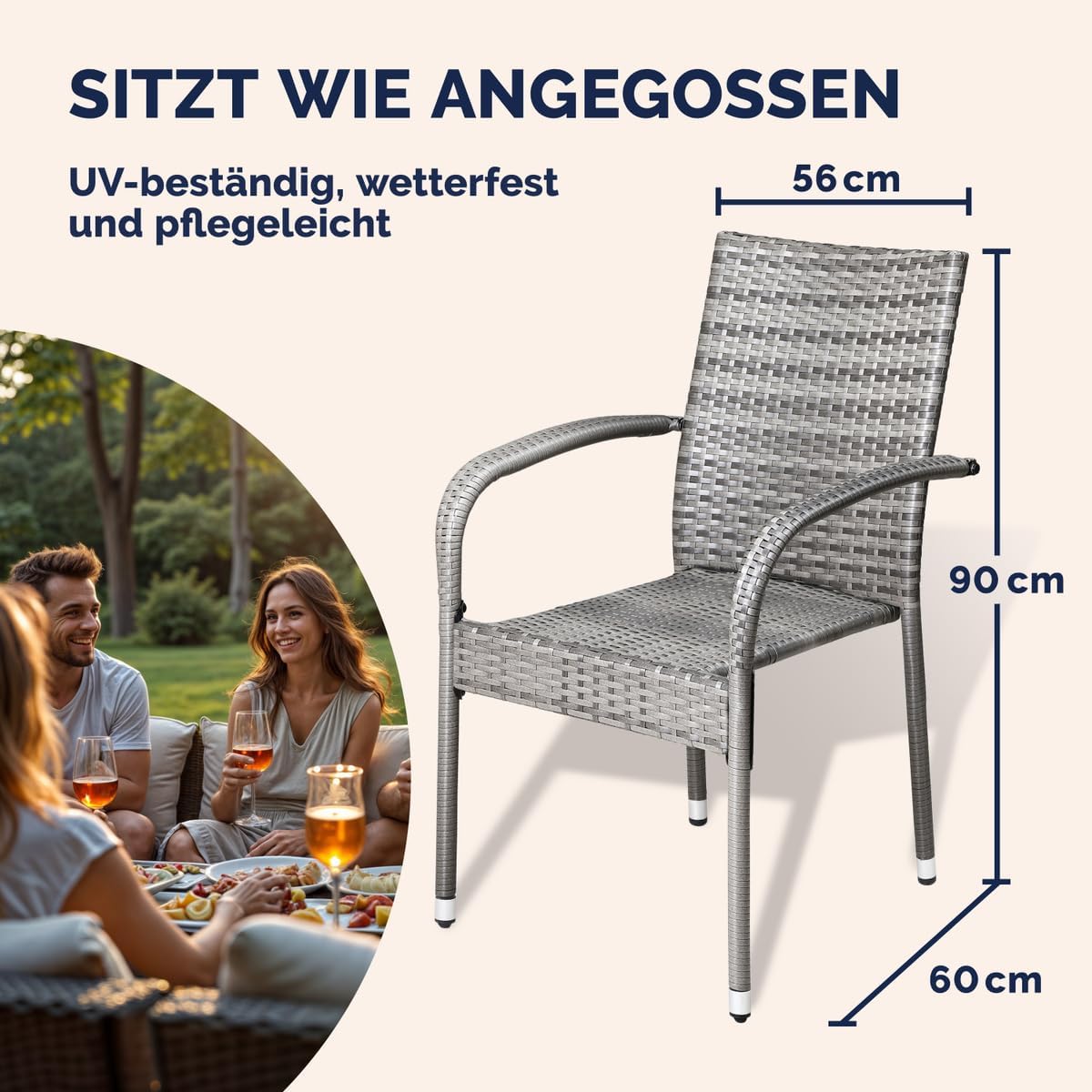 Casaria® Gartenstühle 4er Set Stapelbar Wetterfest Polyrattan Outdoor 160kg Garten Terrasse Balkon Stuhl mit Armlehne Gartensessel Stapelstühle Grau