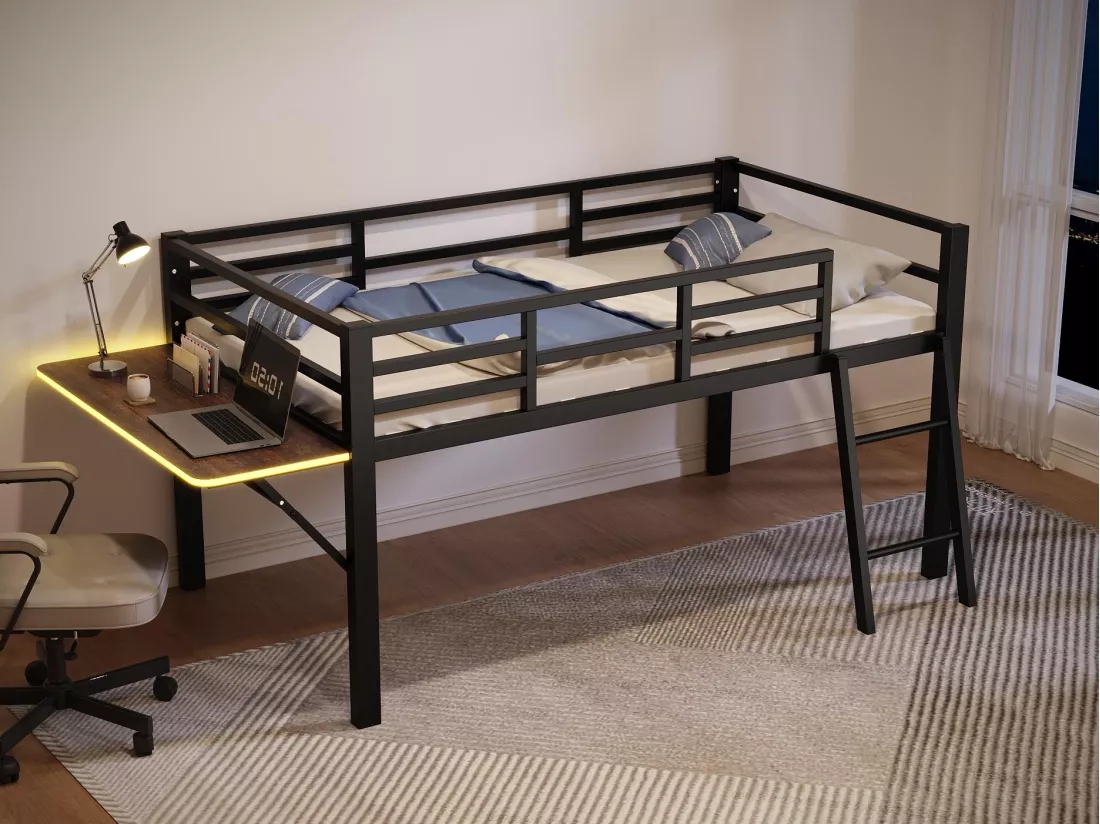 Lit mezzanine 90x200cm en métal avec LED - avec bureau abattant et sommier à lattes - Noir