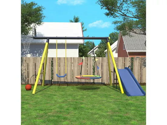 Balançoire pour enfants avec structure en métal en plastique panier de basket panier de basket toboggan panier de basket pour enfants de 3 à 8 ans jaune