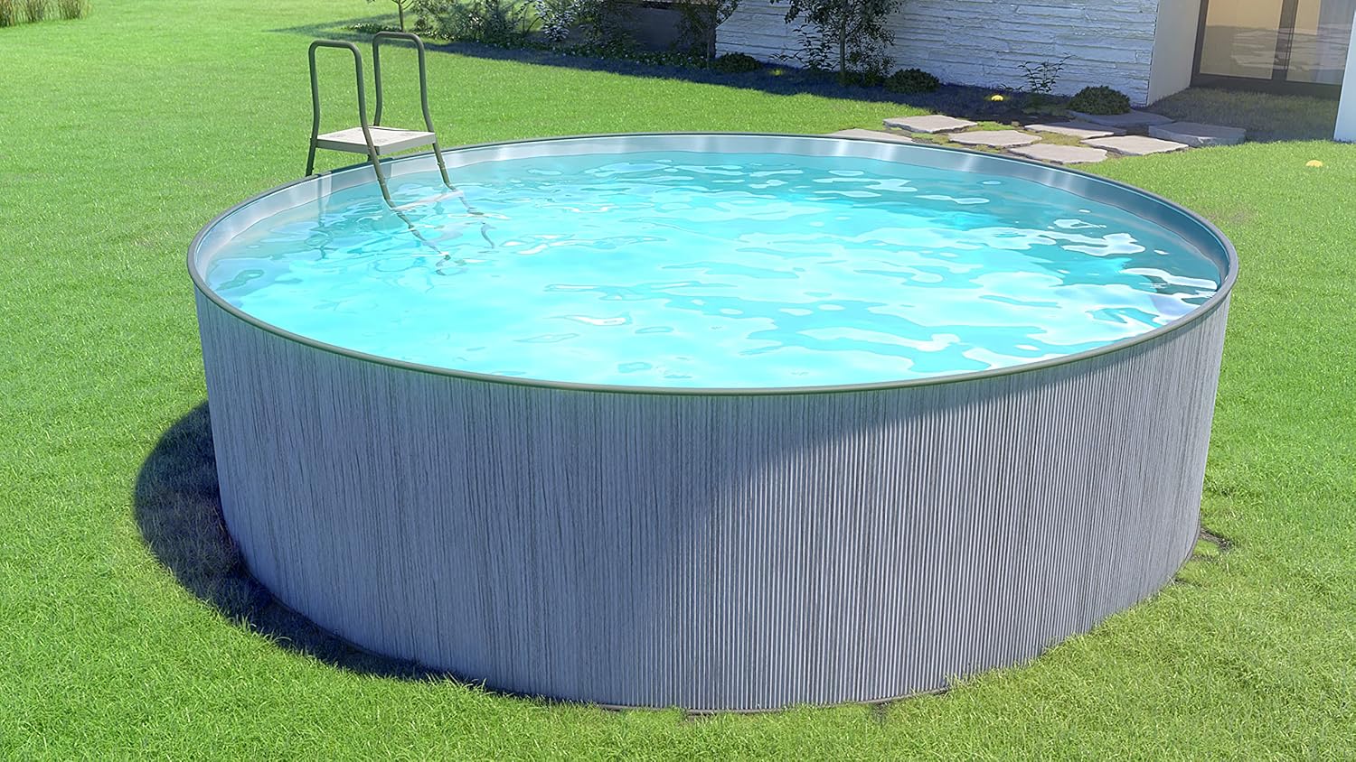 Steinbach Stahlwandpool New Splasher Secure – 011002G – Ø 350 x 90 m – Runder Pool in dunkelgrauer Holzoptik und grauer Innenfolie für bis zu 7.800 l Wasserinhalt – Mit Einhänge-Kartuschenfilteranlage