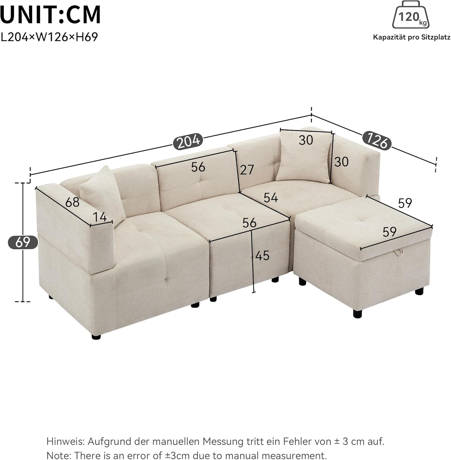 Merax 3-Sitzer Ecksofa mit Stauraum und abnehmbarem Hocker – Modernes L-förmiges Schlafsofa mit 2 Kissen für Wohnzimmer, Büro & kleine Wohnungen