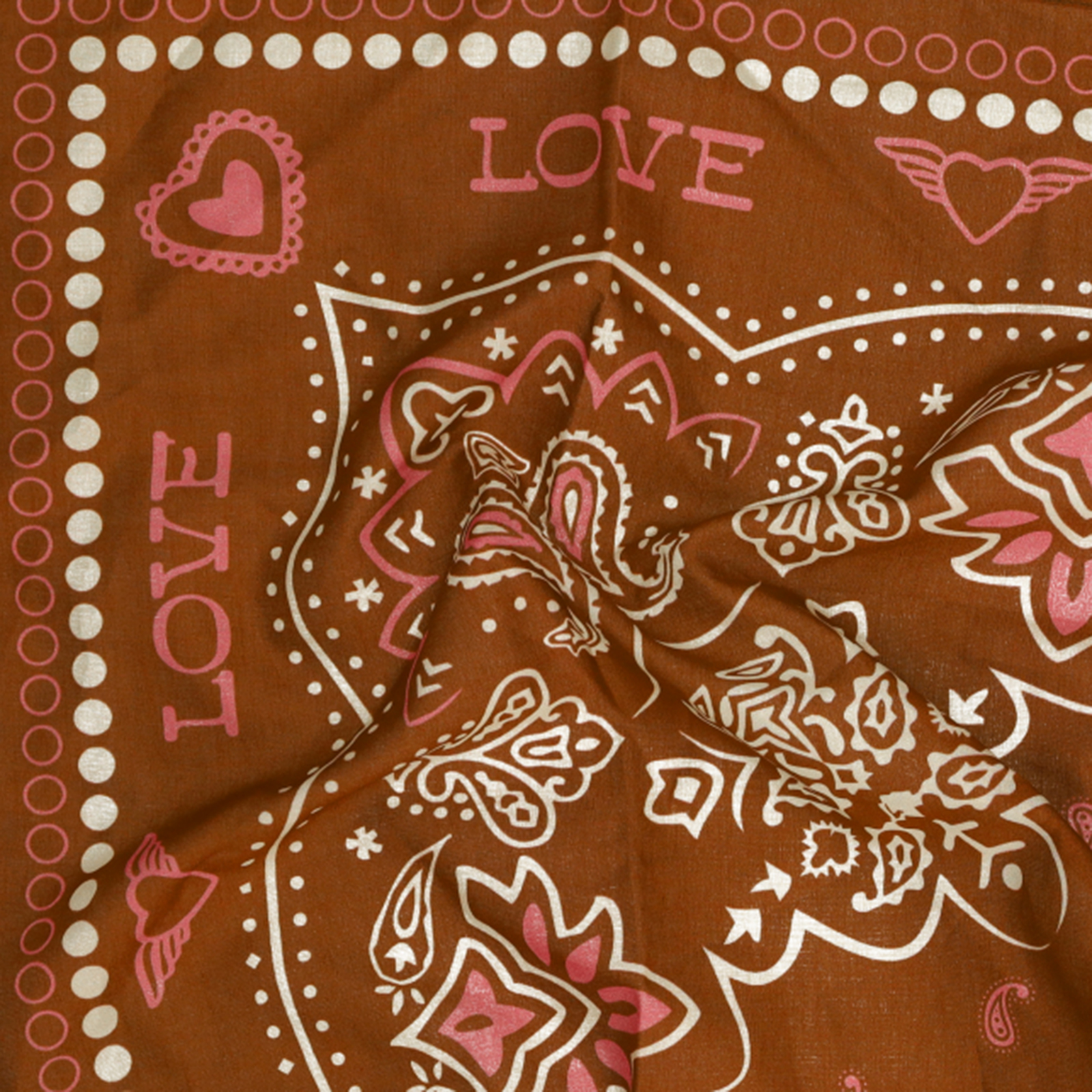 Cognackleurige sjaaltje met roze- en witte details