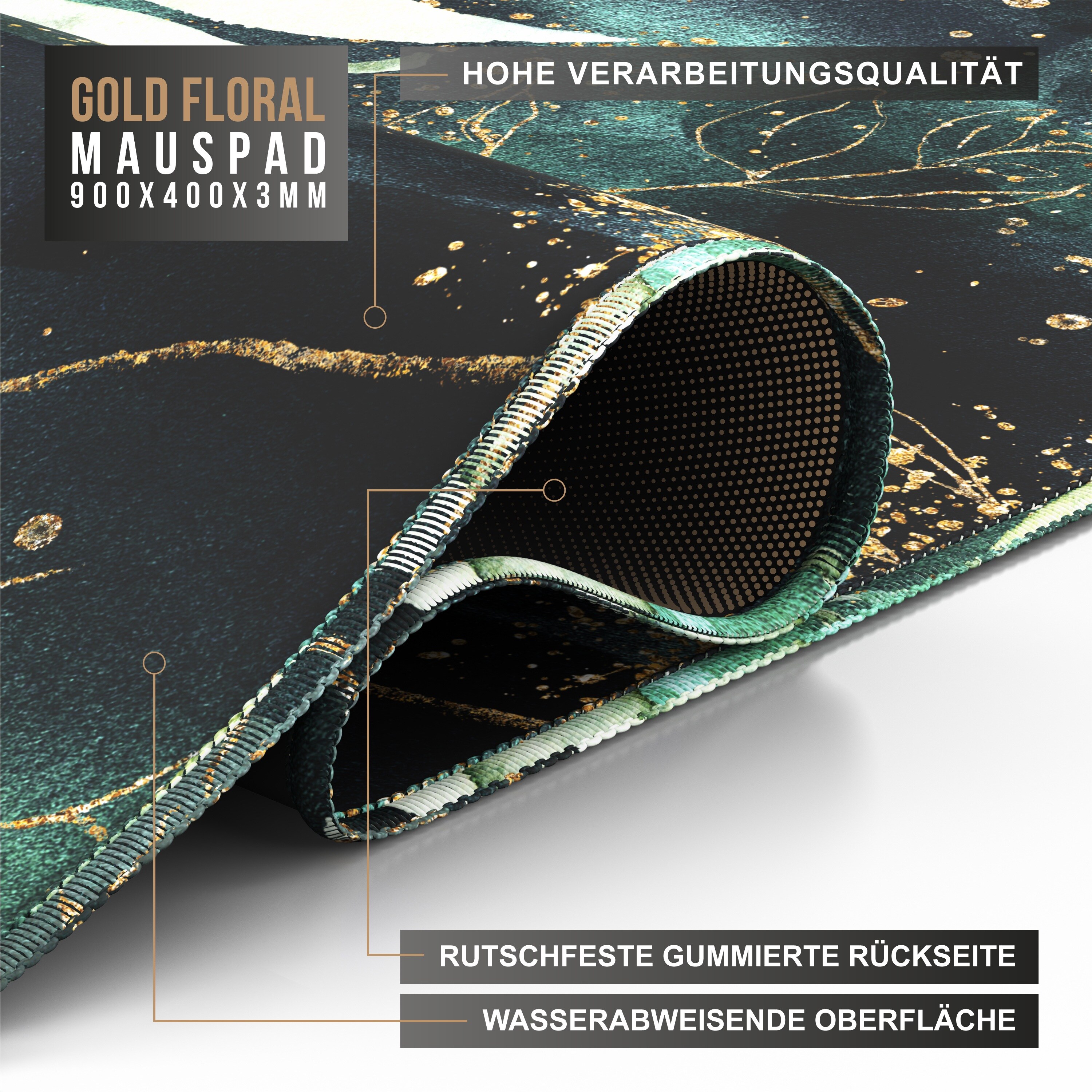 CSL Gaming Mauspad, XXL, 900 x 400 x 3 mm, Schreibtischunterlage, extralarge, waschbar, Gold Floral