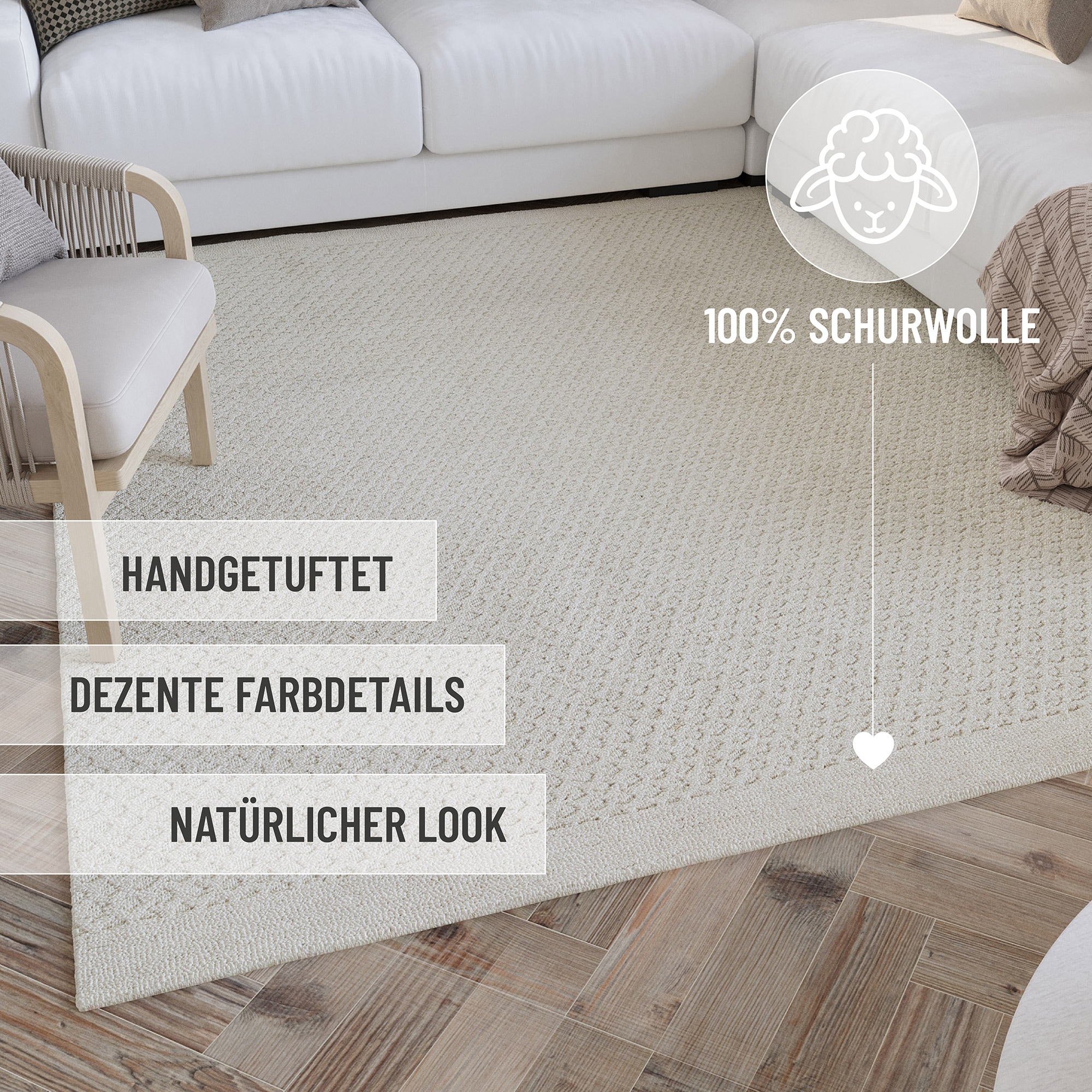 Wecon home Wollteppich »Hamptons THIRTYEIGHT« rechteckig 11 mm Höhe Läufer, Schurwolle, Kurzflor, Wohn- & Schlafzimmer, elegant, Waben