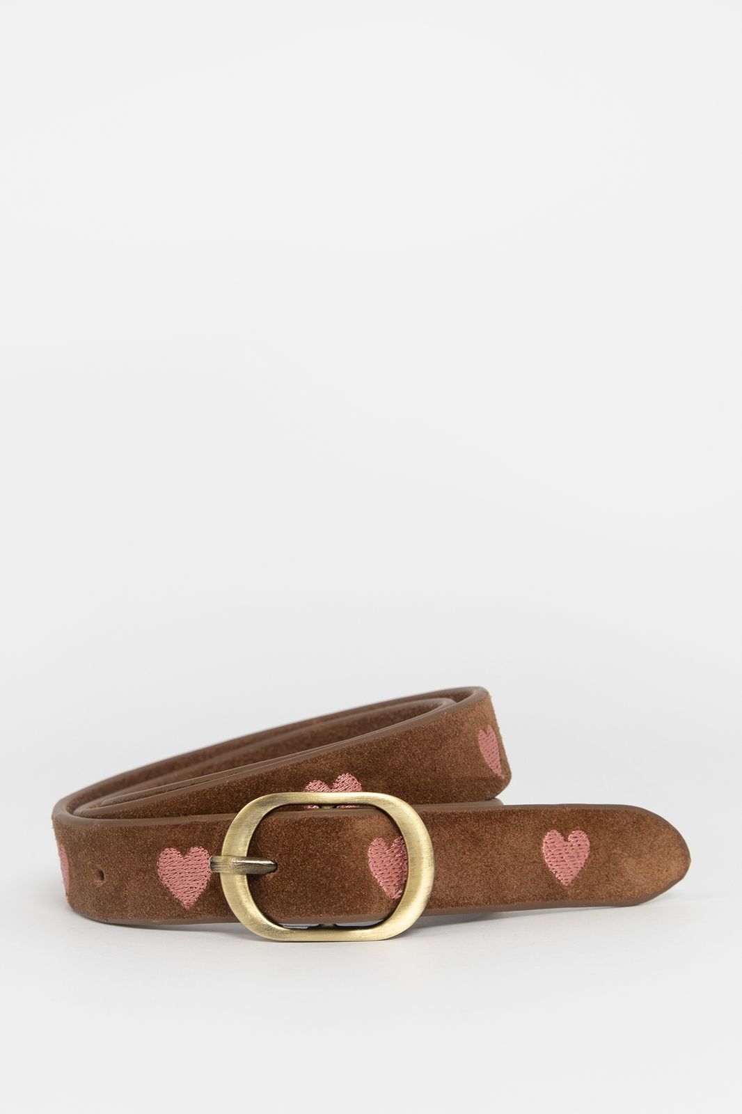 Donkerbruine suède riem met roze hartjes embroidery