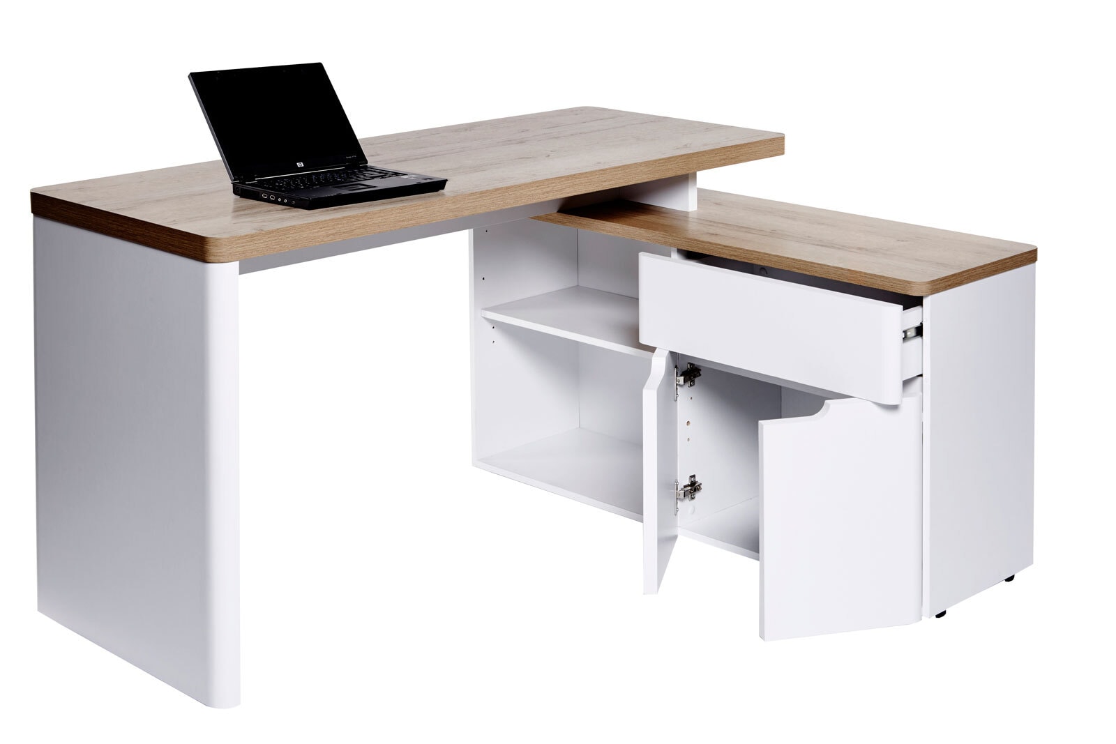 Winkelschreibtisch Riviera Eiche Nachbildung/Weiß matt ca. 140 x 118 x 77 x 55 cm