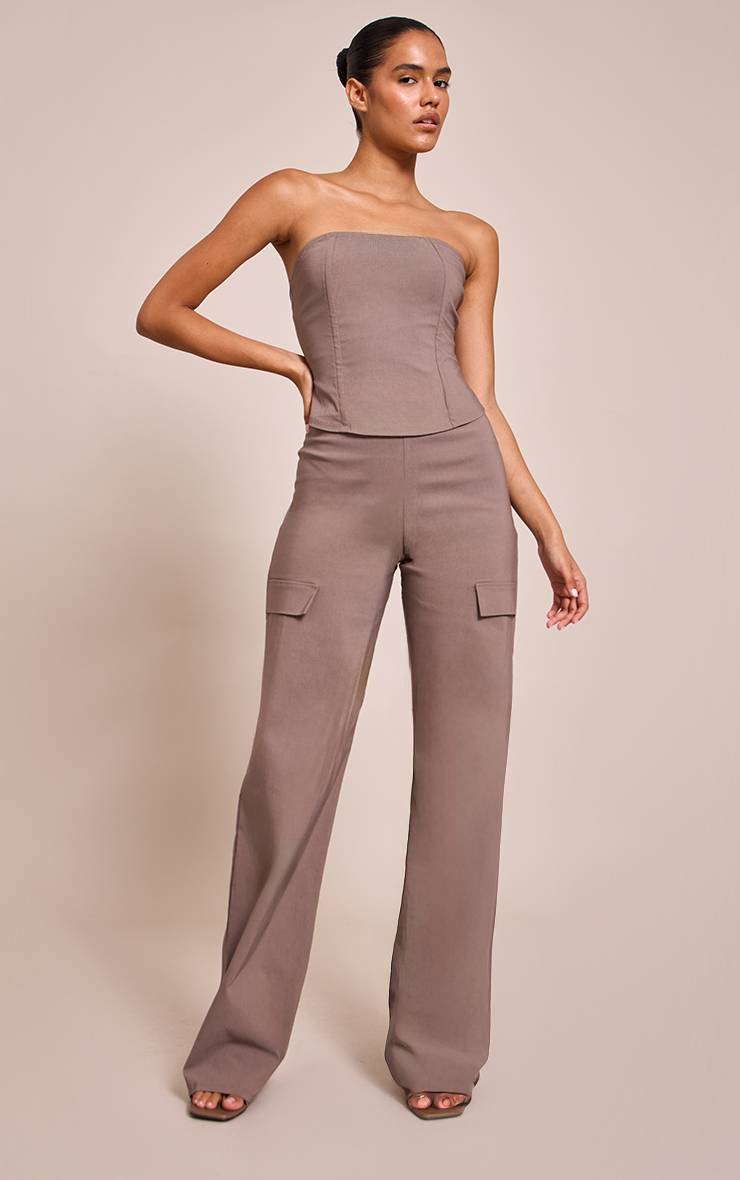 Deep Taupe Pantalon Droit En Tissu Stretch Tissé