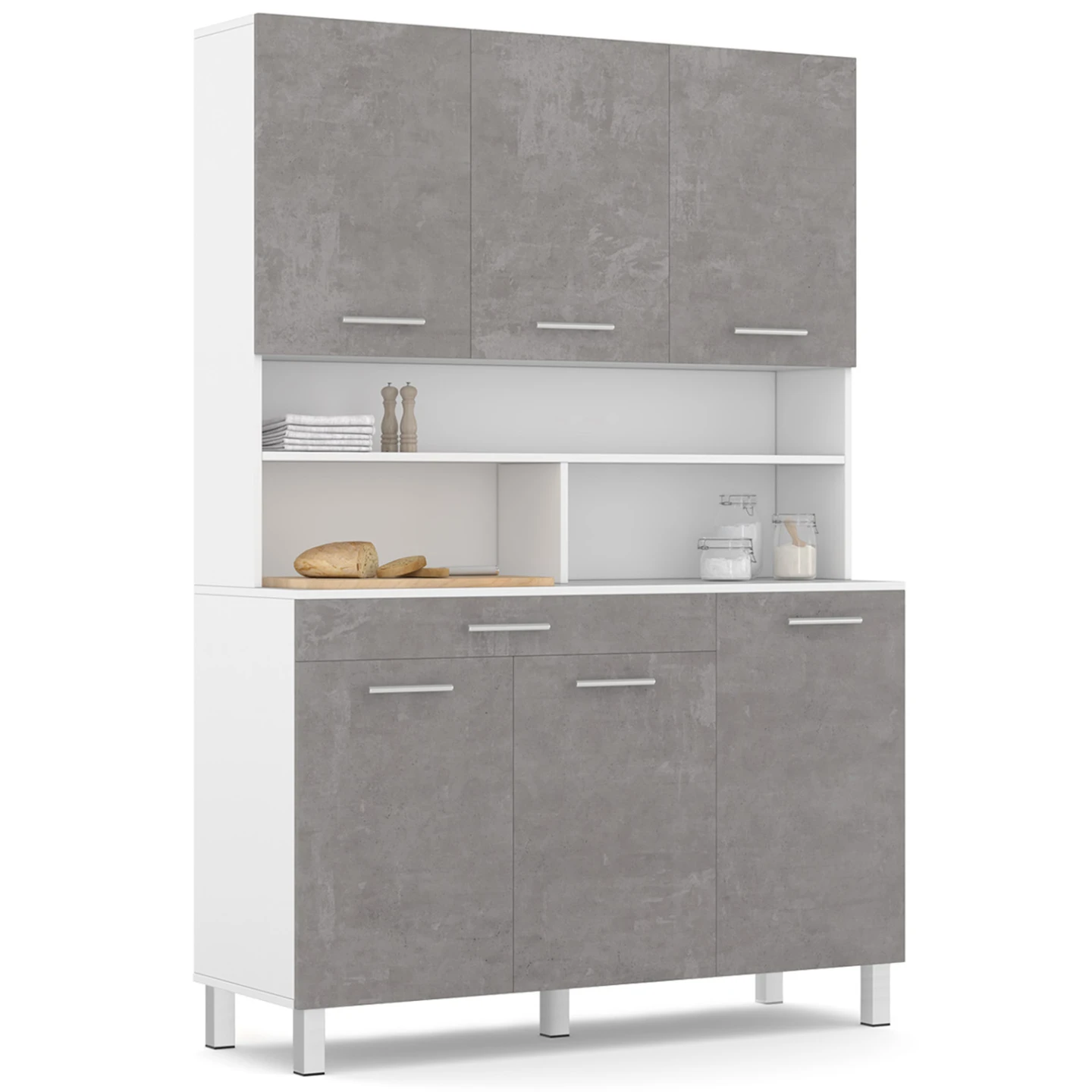 Buffet de cuisine 120 CM CINA 6 portes + tiroir blanc et effet béton