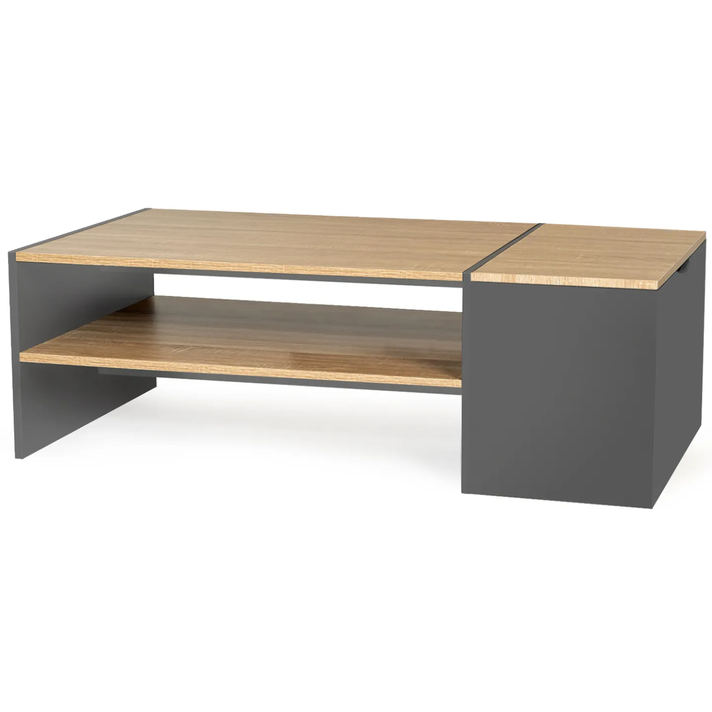Table basse bar contemporaine rectangulaire IZIA avec coffre gris et plateaux bois