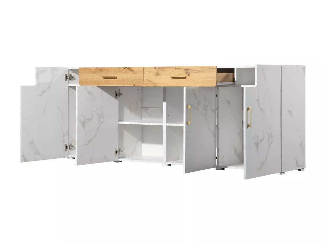 Buffet blanc effet marbre 4 portes 2 tiroirs 208x39,5x80cm ELAD