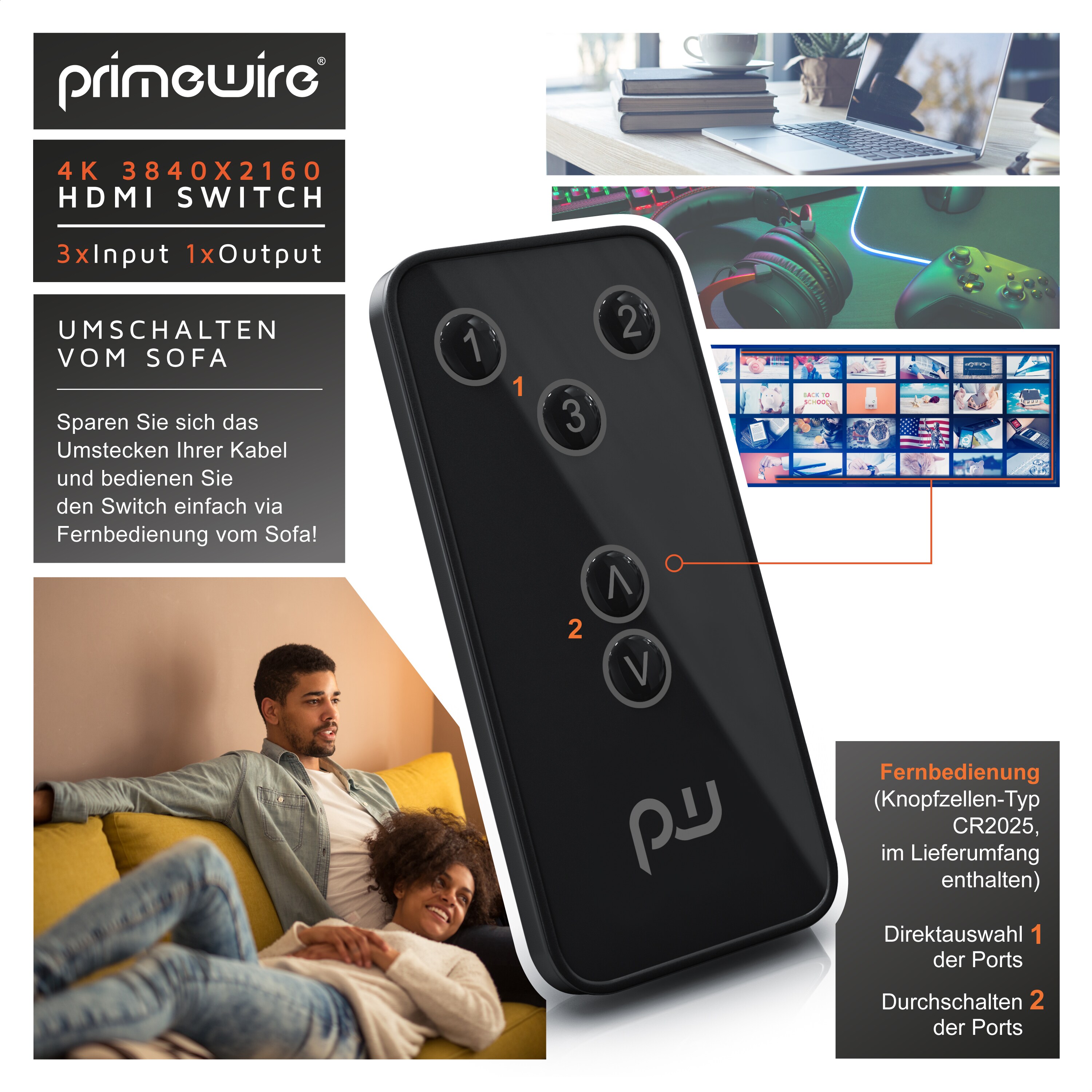 Primewire 3-Port UHD HDMI Umschalter inkl. Fernbedienung 3x HDMI Eingänge / 3D / CEC / ARC