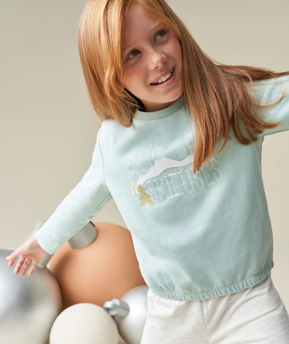 PYJAMA FILLE EN COTON BIOLOGIQUE BLEU ET GRIS AVEC MESSAGE THÈME SKI