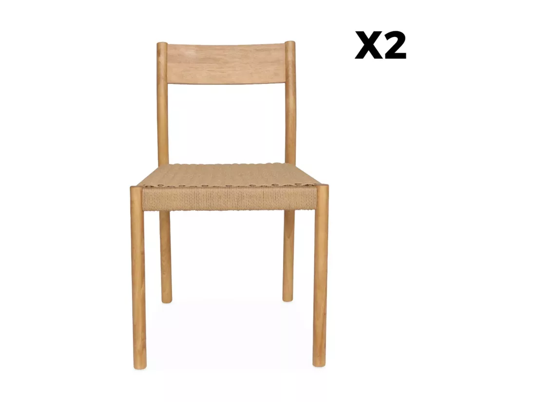 Lot de 2 chaises naturelles en bois et cordage. Ella. L 49.5 x P 53 x H 82cm