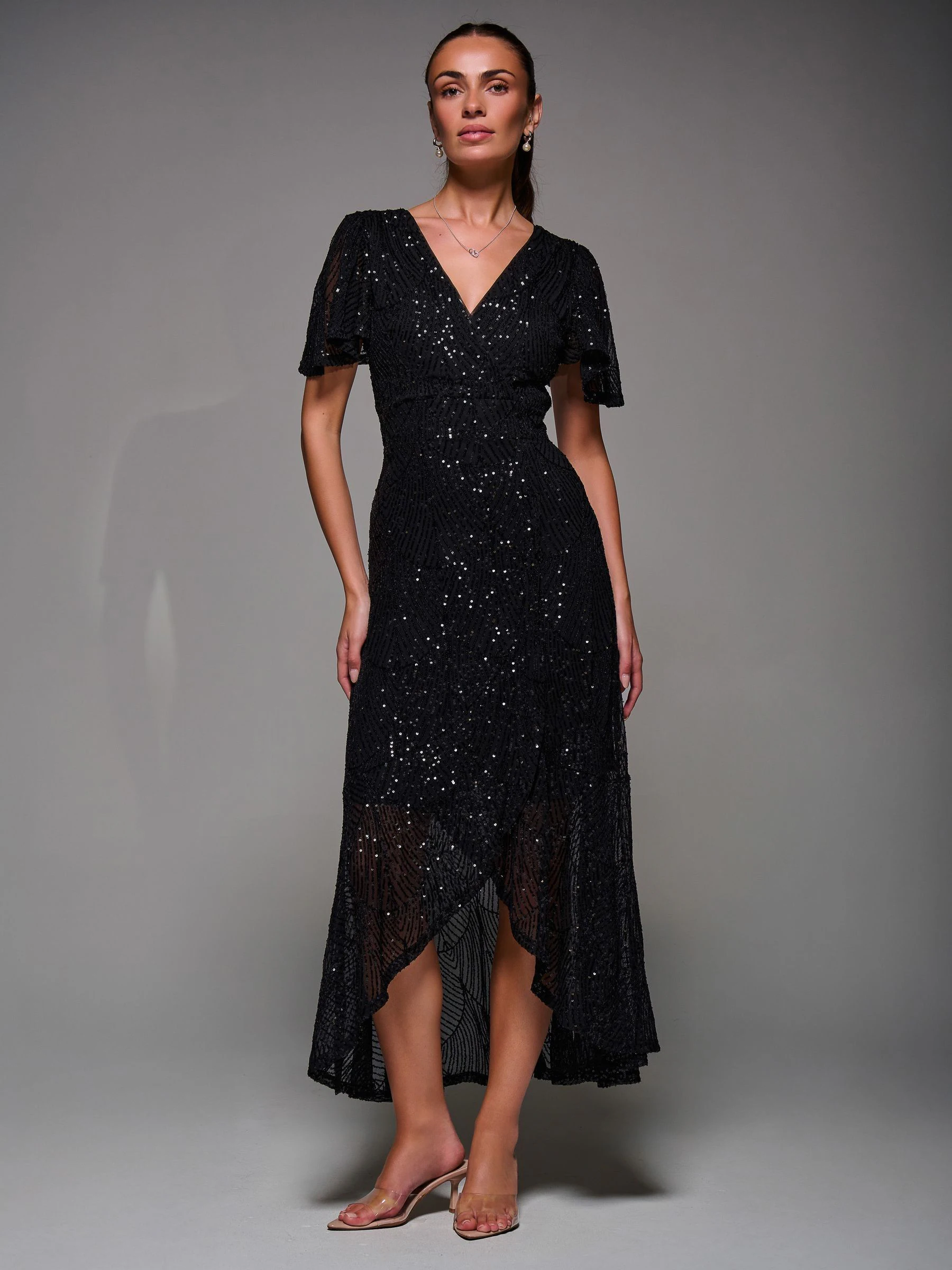Denim zwart - Jolie Moi Sequin Angel Sleeve Ruffle Hem Maxi Dress