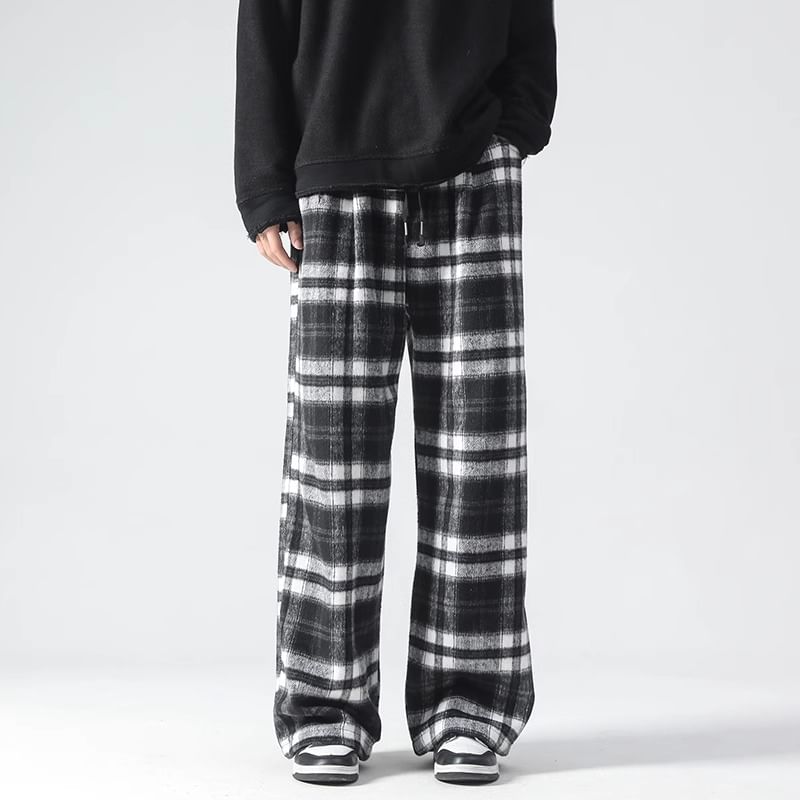 emeisa - Geruite broek met wijde pijpen en trekkoordtaille