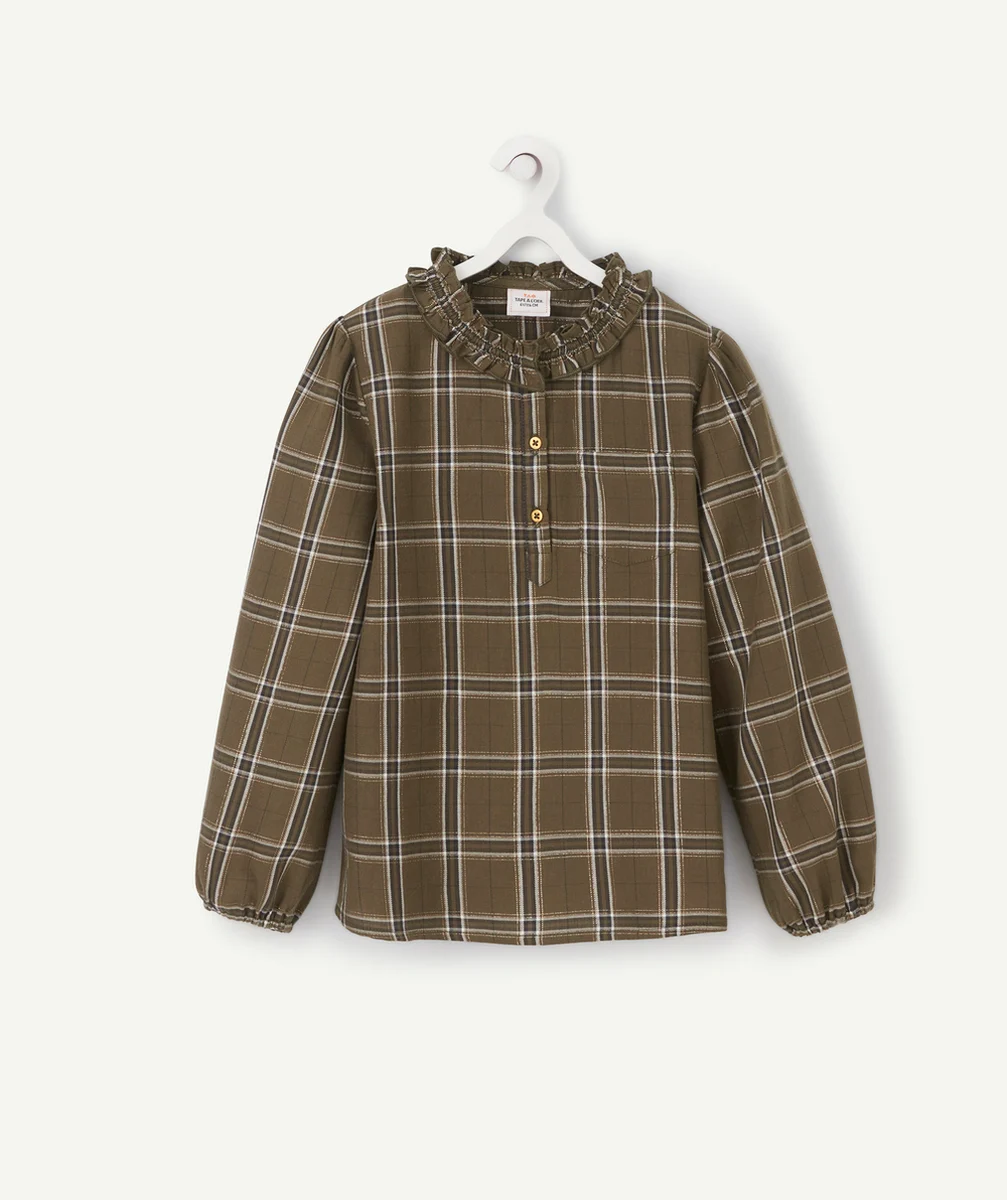 CHEMISE À CARREAUX KAKI ET LISERÉS COULEUR DORÉE FRONCÉ AU COL FILLE