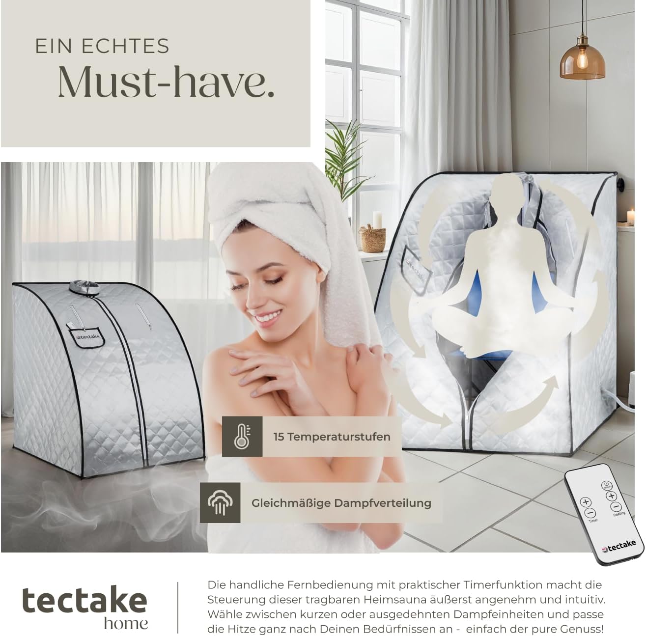 tectake® tragbare Dampfsauna für Zuhause mit 15 Temperaturmodi und Timer, Sauna Zelt für Zuhause, Zeltsauna mit Ofen/Dampfgenerator, Mini Sauna, Wellness für Zuhause, Heimsauna - Silbergrau