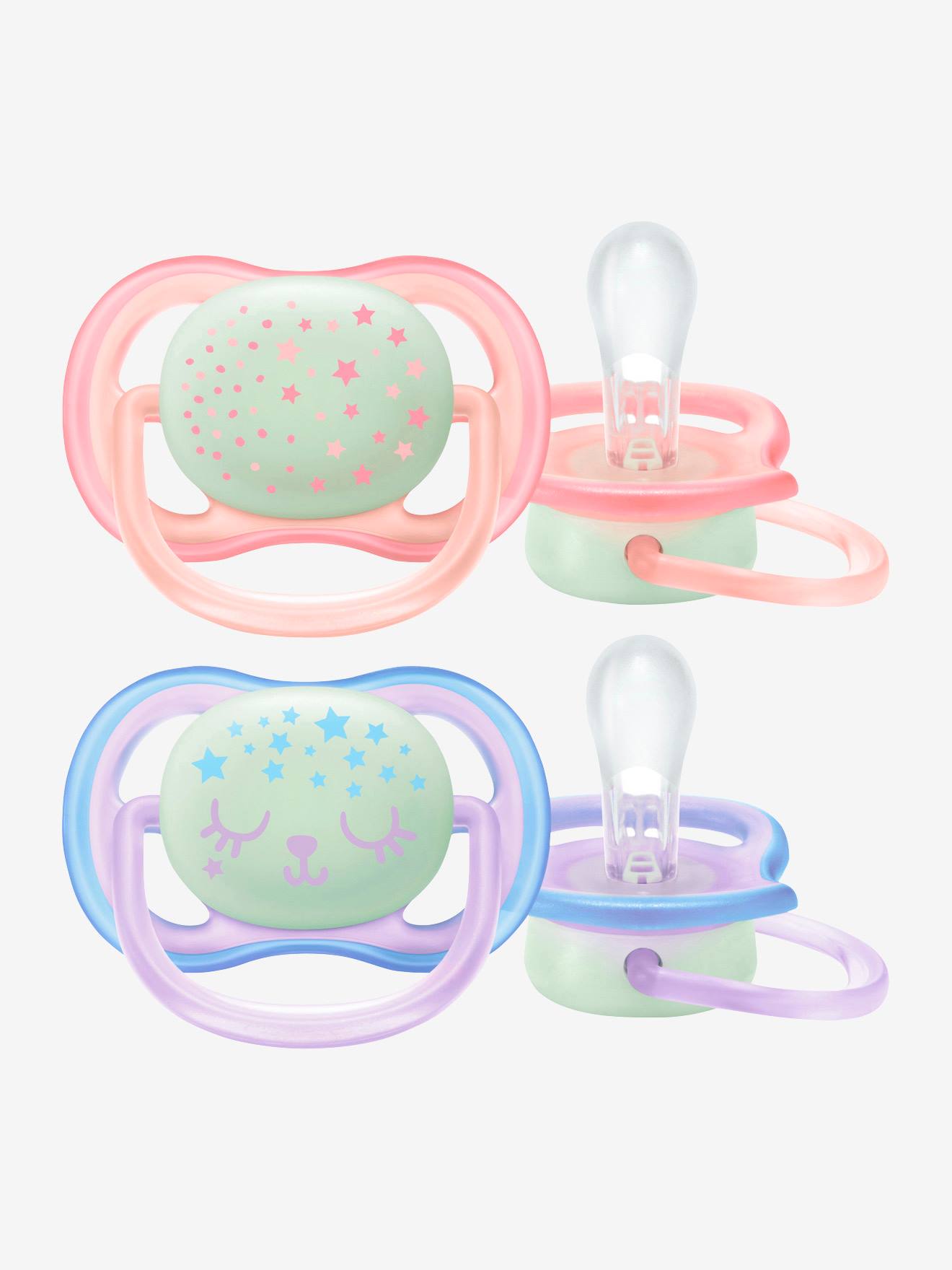 Chupeta noturna Philips AVENT Ultra Air para bebês de primeira idade, pacote com 2 unidades, lisa, tamanho médio, azul com estampas.