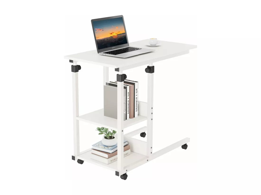 Table Bouts de Canapé Table Appoint Table de Soins Table de Chevet Mobile Réglable en Hauteur avec Roulettes et Étagères de Rangement pour Canapé/Lit/Balcon-Blanc