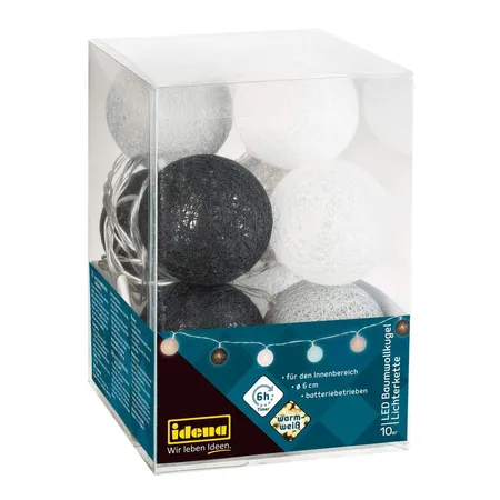 Idena LED Lichterkette, 10 LED Baumwollkugeln, warm weiß, batteriebetrieben, Timer Funktion, innen