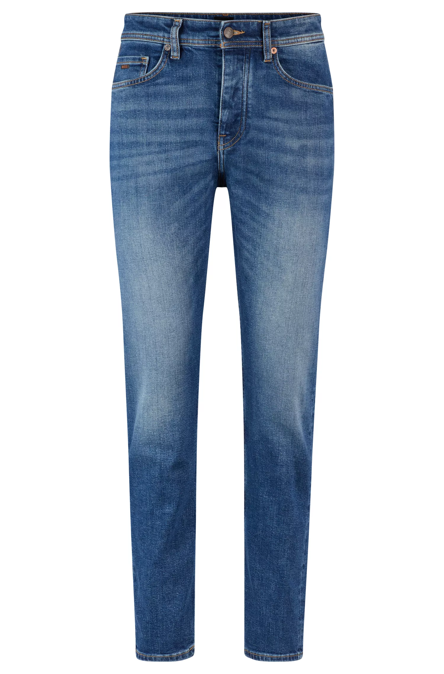 Calça jeans BOSS laranja, corte afunilado, em denim azul com elasticidade confortável.