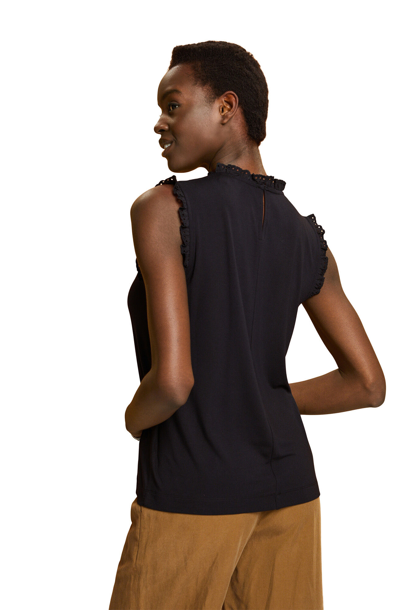 Blusa sem mangas com gola franzida em viscose - Preta