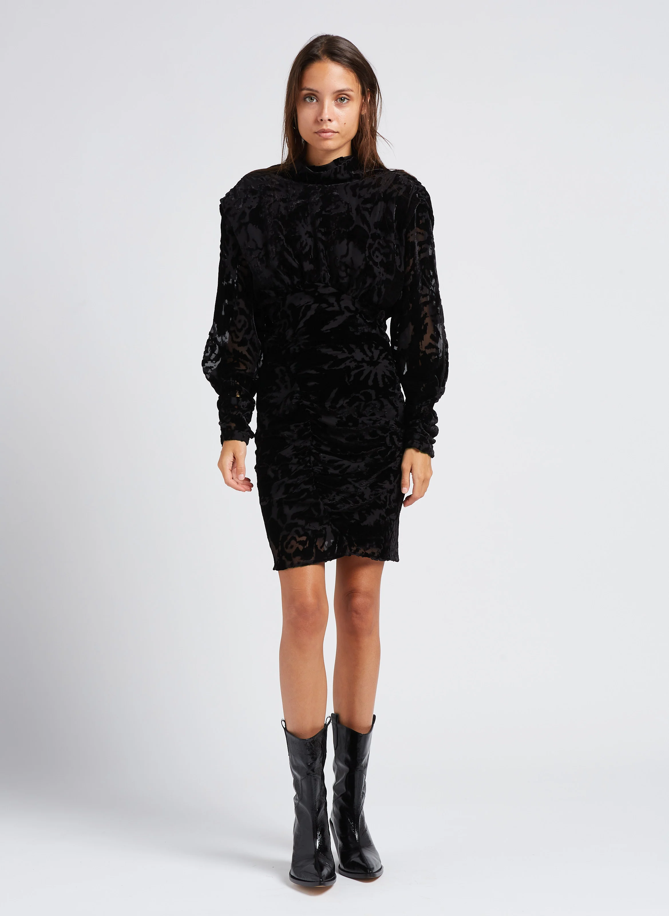 NARIVO - Robe droite courte à col montant en jacquard| Noir