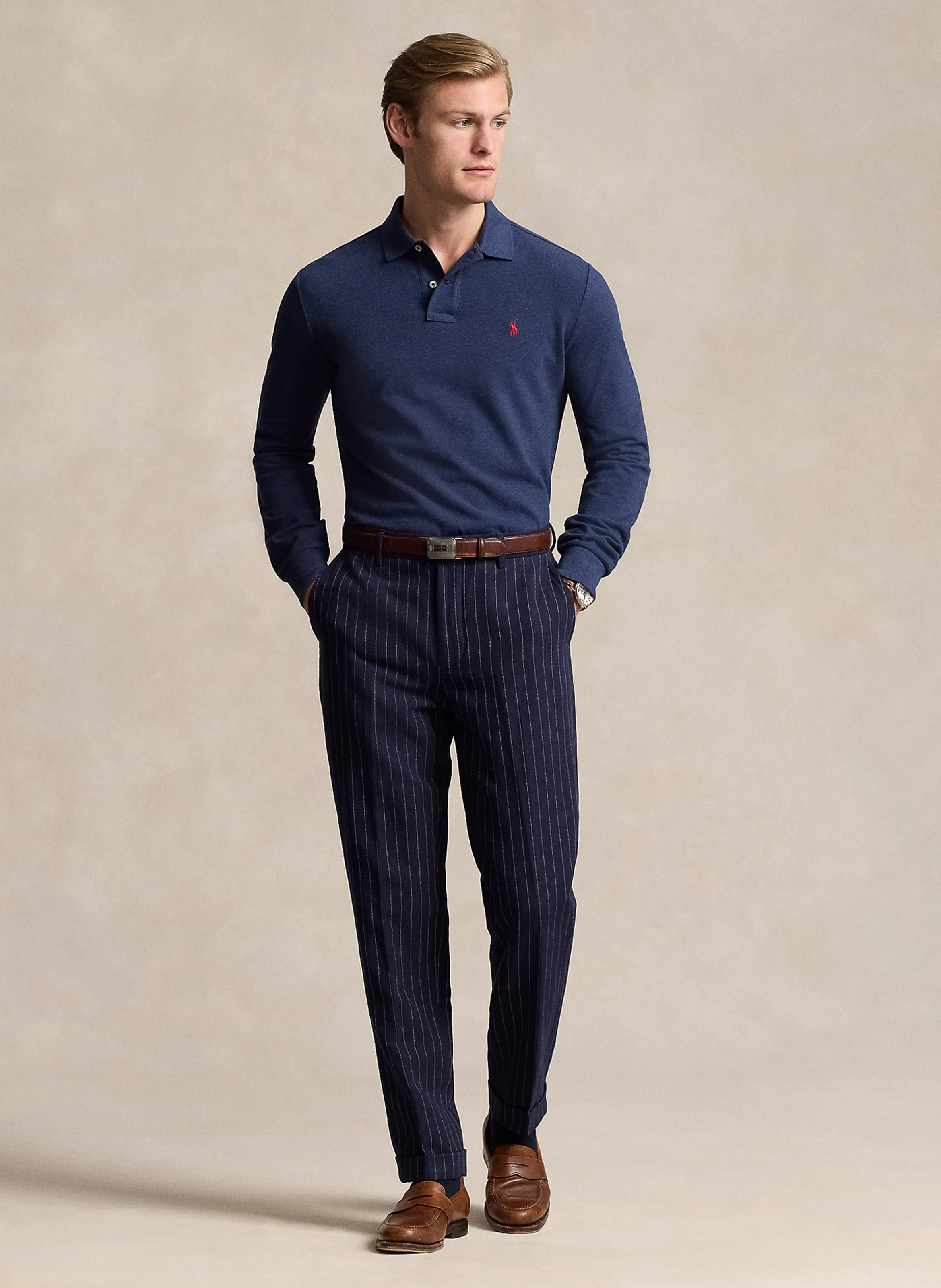 Polo manches longues regular-fit en piqué de coton | Bleu