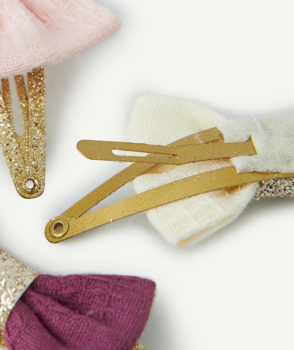 LOT DE 3 BARRETTES BÉBÉ FILLE AVEC NOEUDS ROSE ÉCRU ET VIOLET