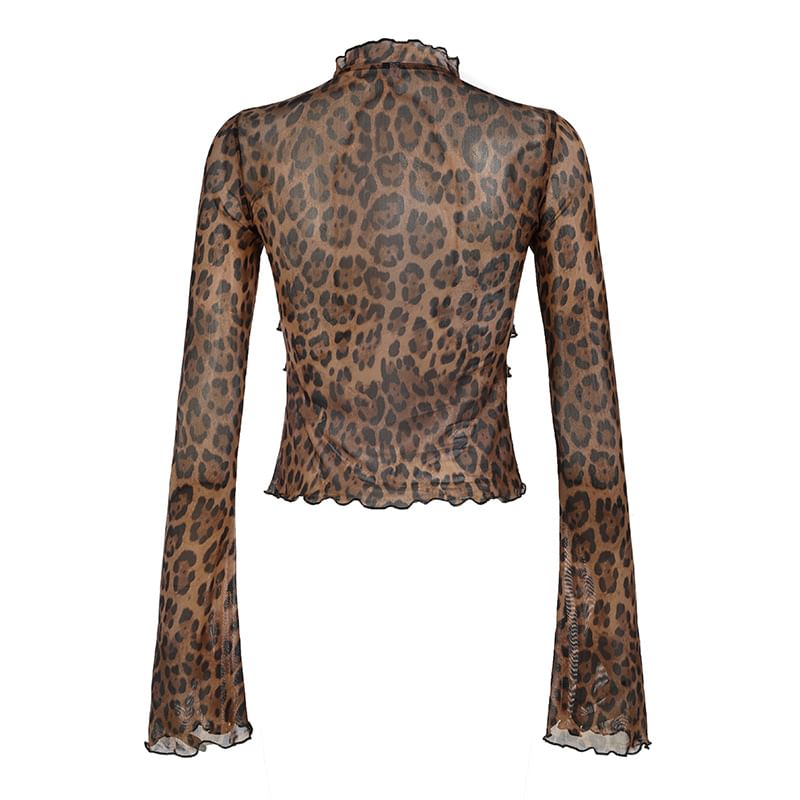 Trisica - Blouse met V-hals, luipaardprint, klokmouwen en striksluiting aan de voorkant