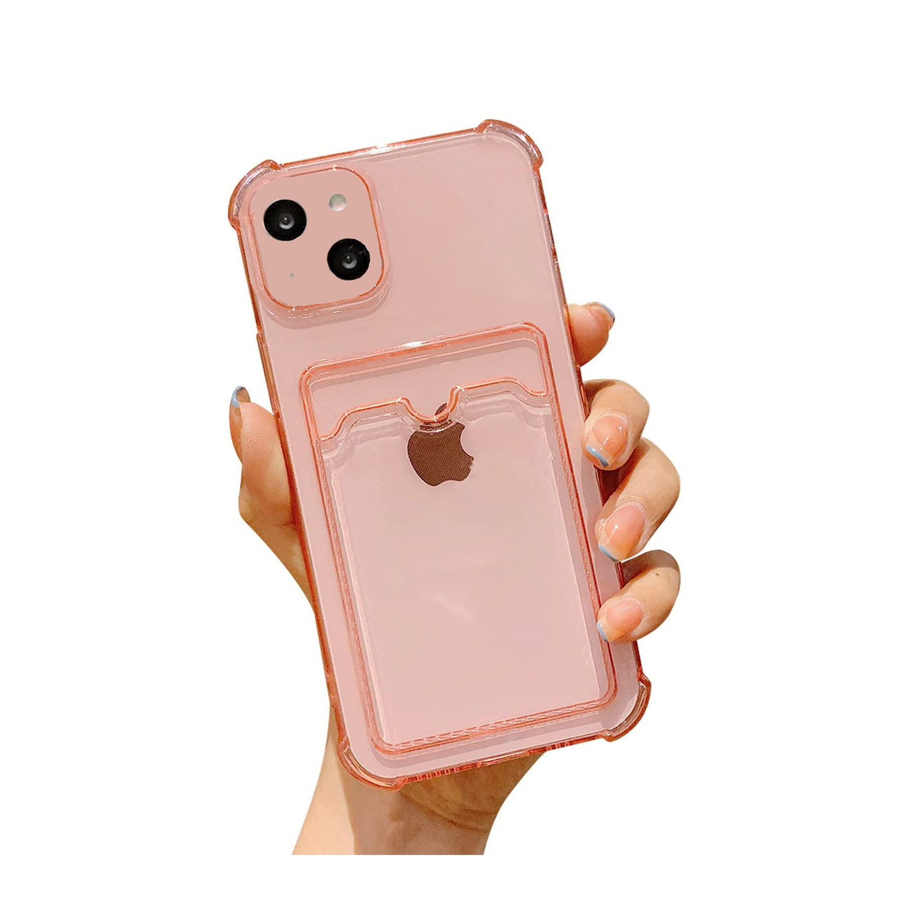 iPhone 13 Gummi Case Hülle mit Kartenfach   Air Cushion Fallschutz - Pink / Transparent