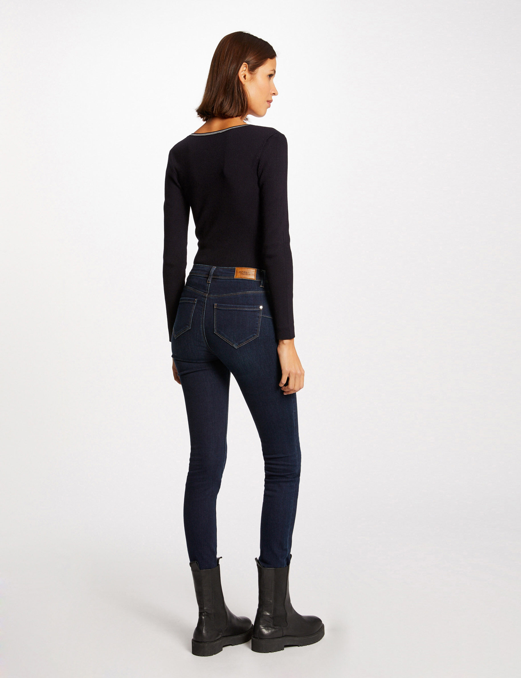 Pull manches longues à col en V marine femme - marine