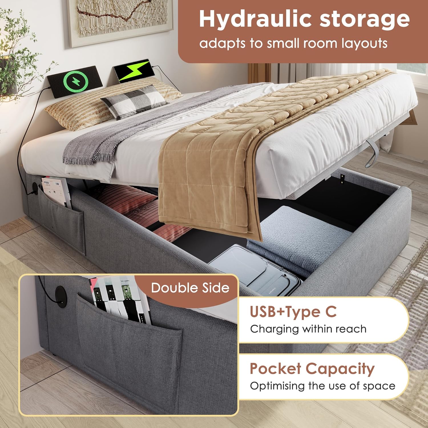 Bett 90x200 cm mit USB Type-C-Ladefunktion, Polsterbett mit Hydraulischer Stauraum und Vollflächiger Lattenrost, Ohne Kopfteil, Hydraulisch Einzelbett Stauraumbett, Baumwolle, ohne Matratze, Grau