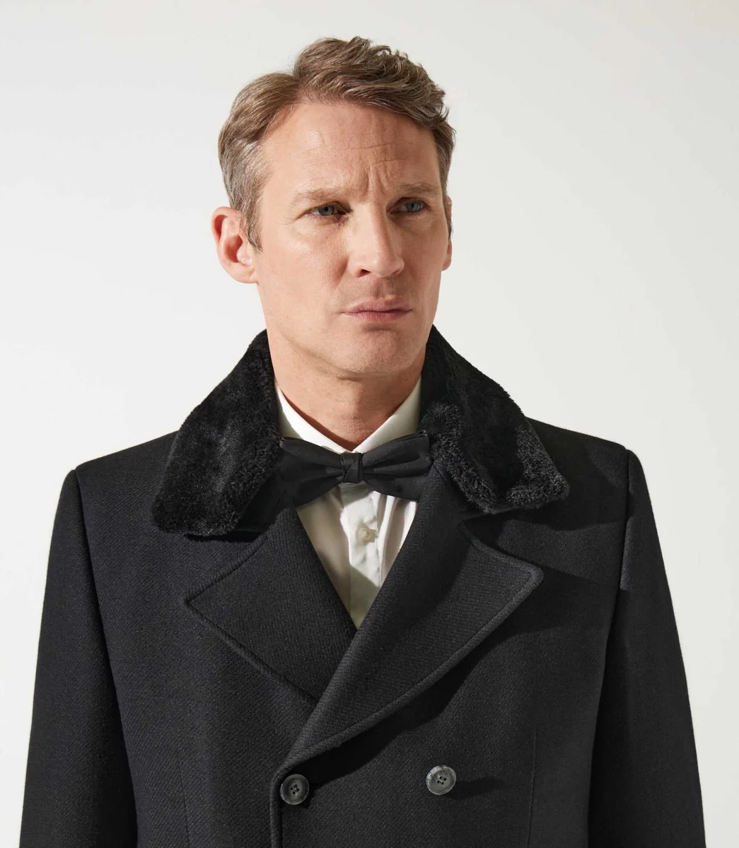 Manteau croisé col fourrure noir ISIO
