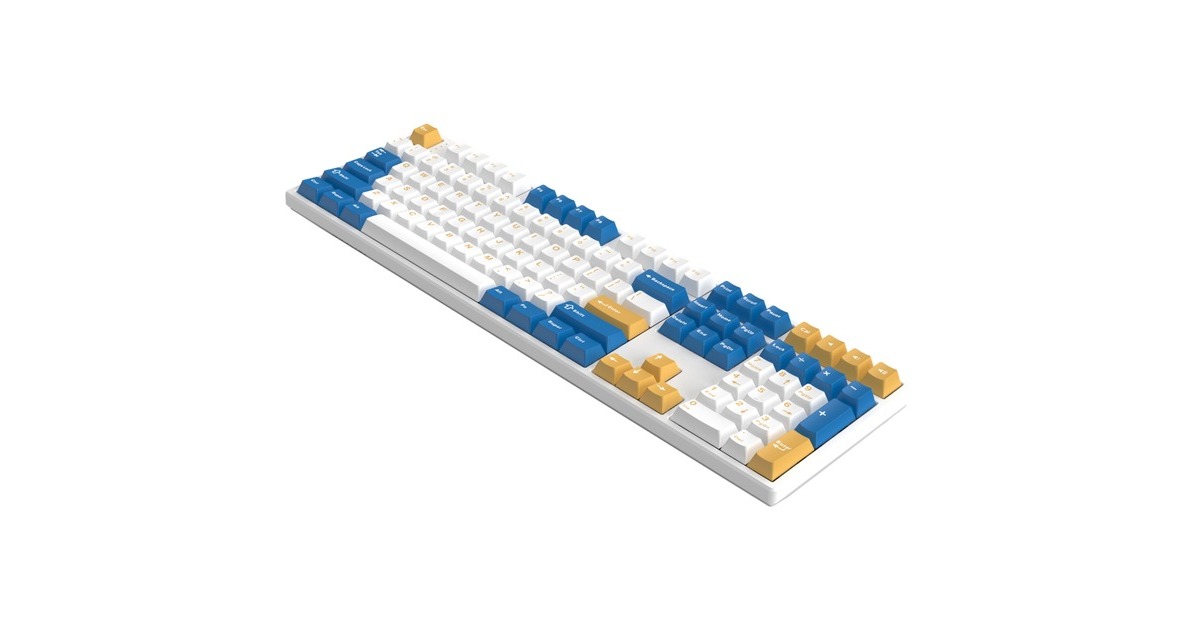 HelloGanssHS108T GC08, toetsenbord  (Wit/donkerblauw, US lay-out, Gateron Yellow, RGB leds, PBT Doubleshot keycaps, hot swap, 2,4 GHz / Bluetooth / USB-C)
