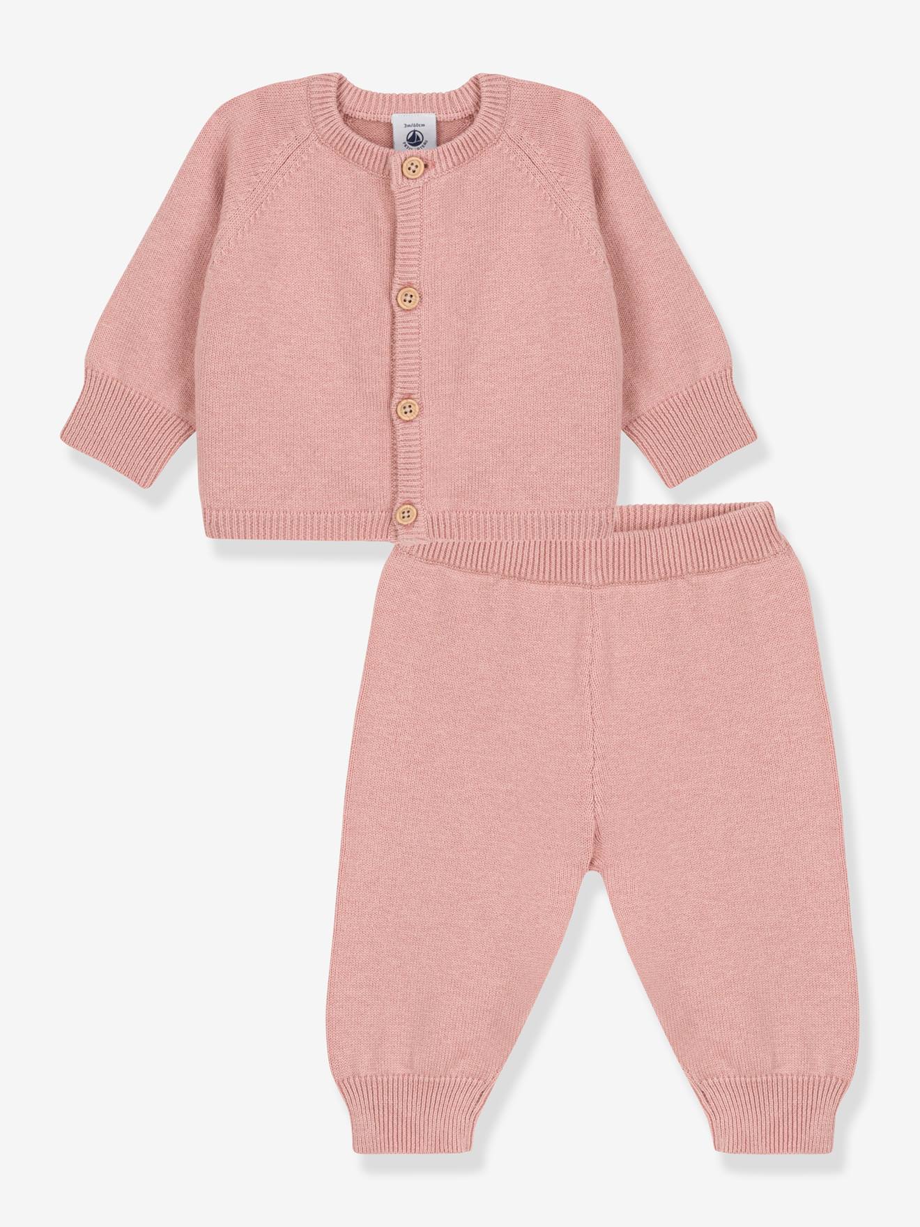 Conjunto de 2 peças de tricô rosa para bebê PETIT BATEAU, em lã e algodão tricot.