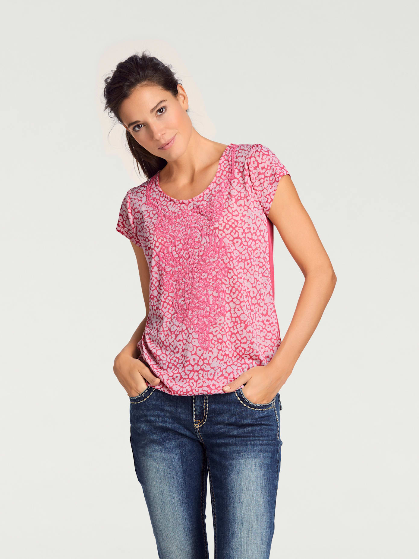 T-shirt à encolure ronde qualité dévoré, imprimé effet ton sur ton