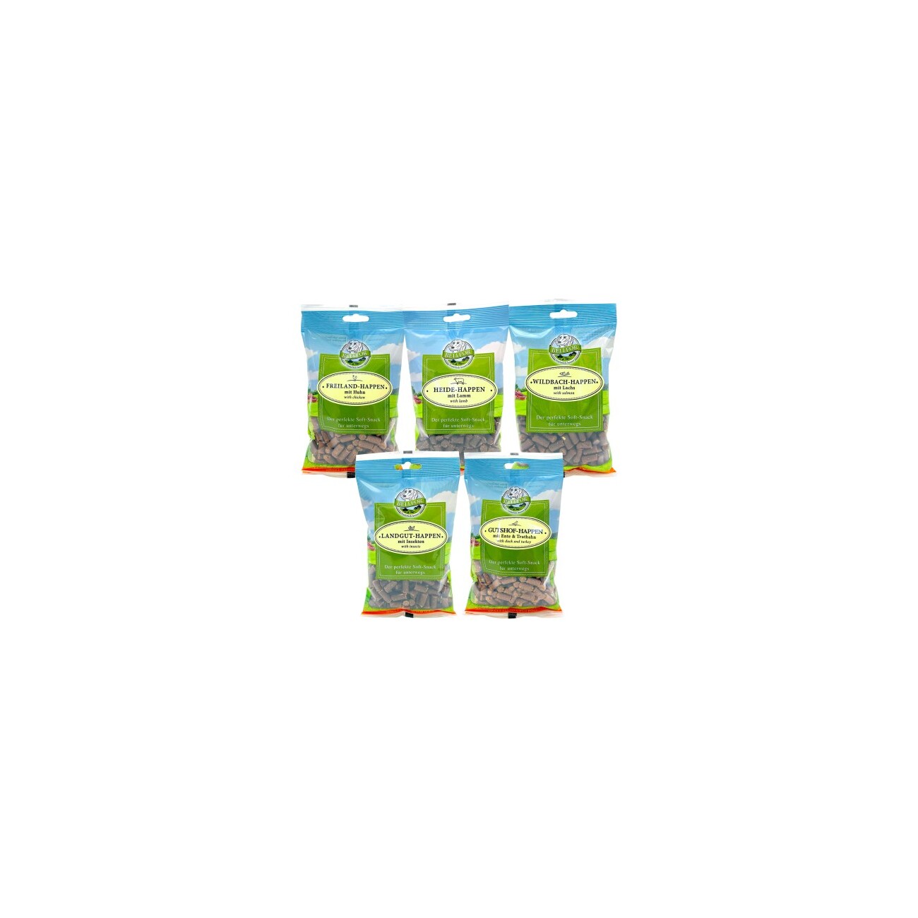 Bellfor Mix 5 Soft-snacks für Hunde - Freiland-Happen 200g + Heide-Happen 200g + Wildbach-Happen 200g + Landgut-Happen 200g + Gutshof-Happen 200g
