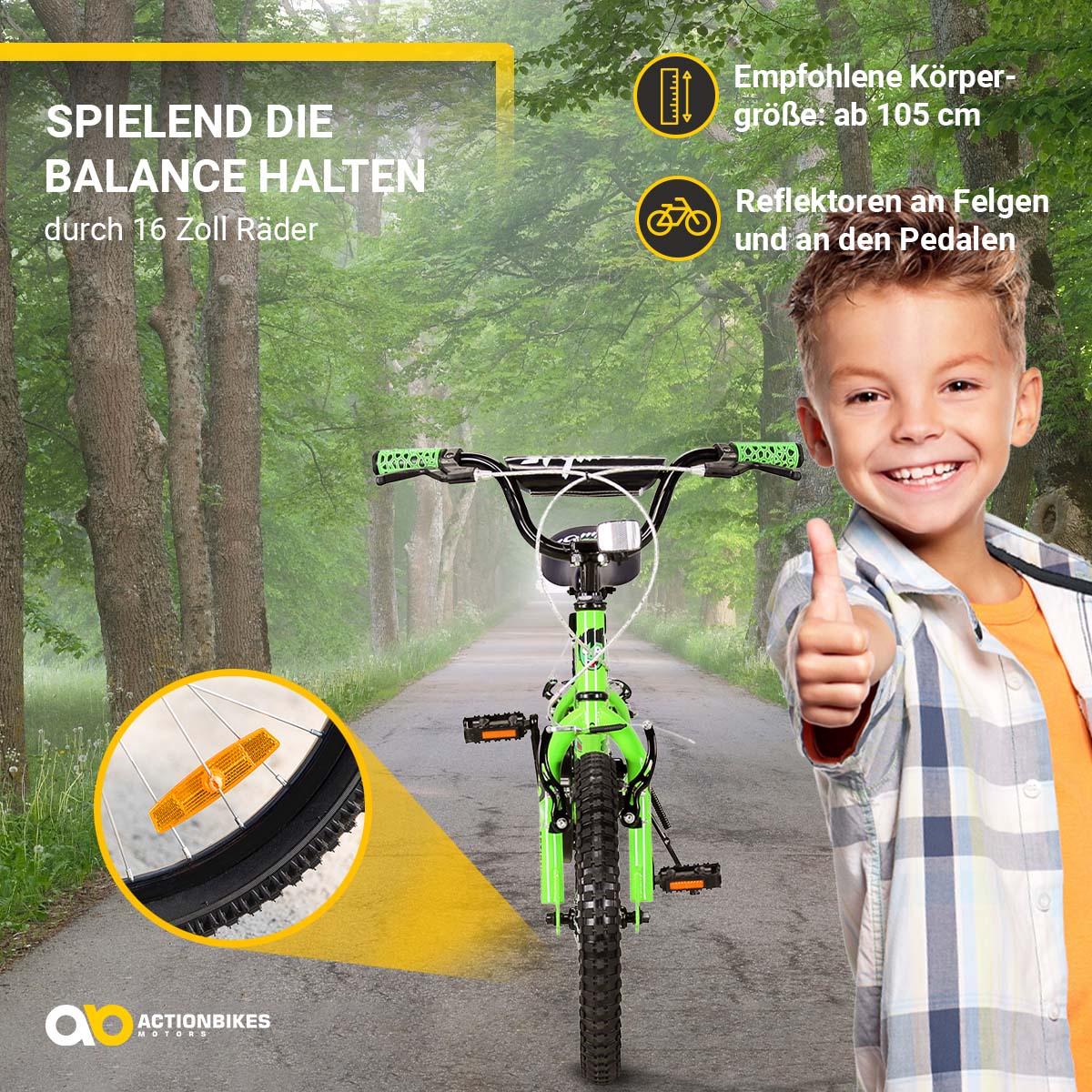 Actionbikes Kinderfahrrad Zombie 16 Zoll, V-Brake-Bremsen, höhenverstellbar, Stützräder, Reflektoren