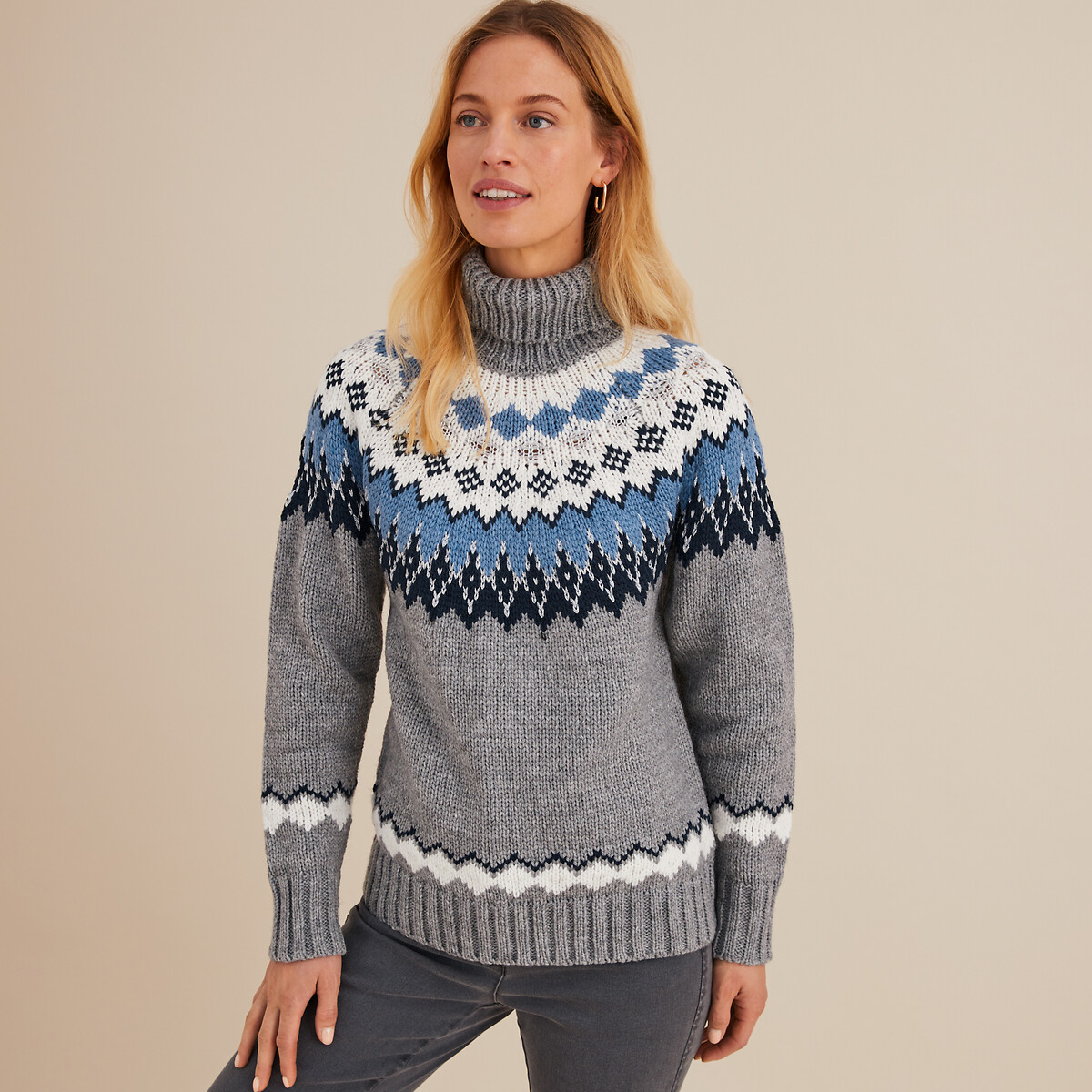 ANNE WEYBURN<br>Suéter jacquard com gola alta, malha grossa