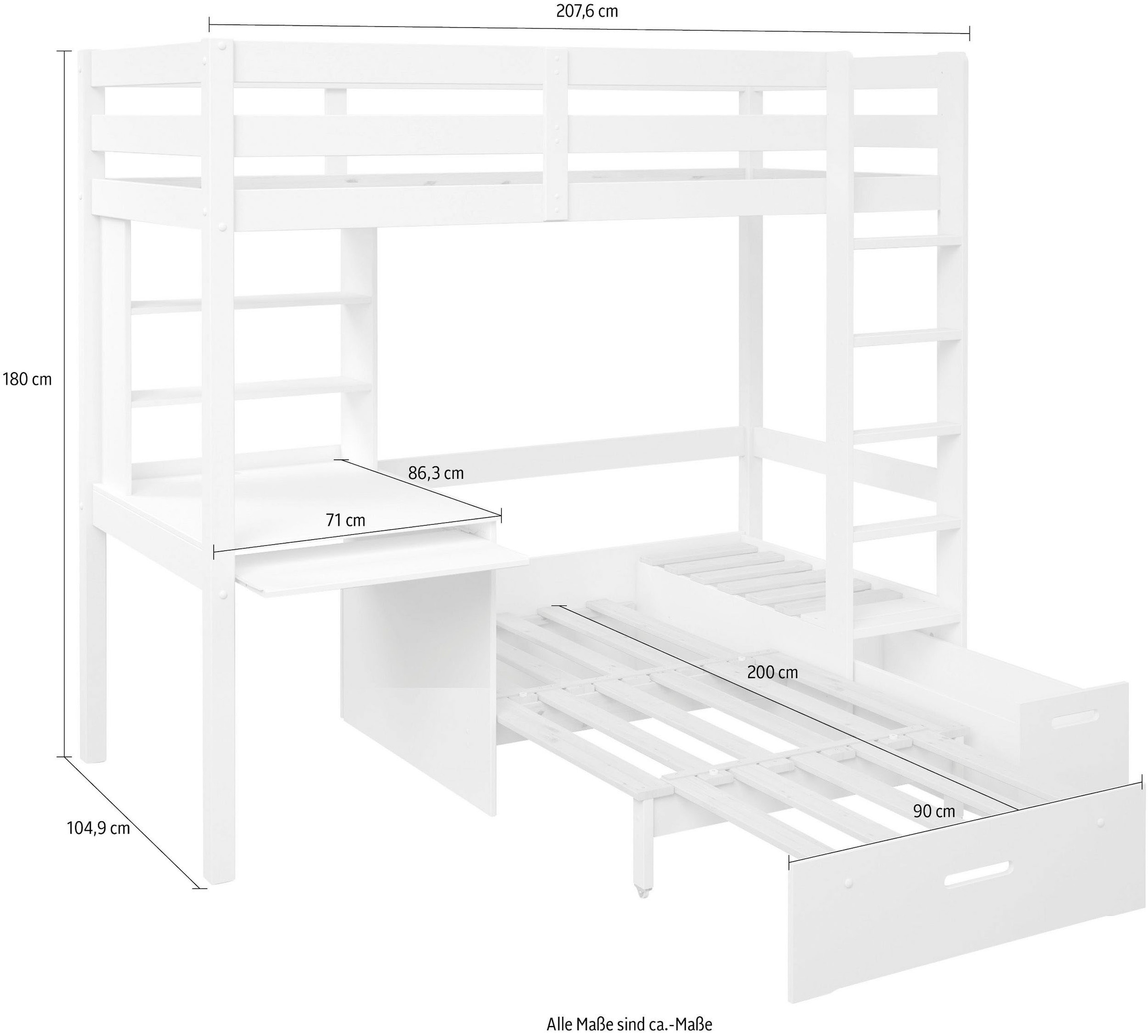 Lüttenhütt Etagenbett »HENNE' TOPSELLER! Hochbett, Ideal für kleine Räume, 2 Schlafplätze« zweiter Schlafplatz ausziehbar, B/H/T ca. 208/180/105cm,  mit Polsterauflagen+ Schreibtisch + Stauraum, mehrere Farben