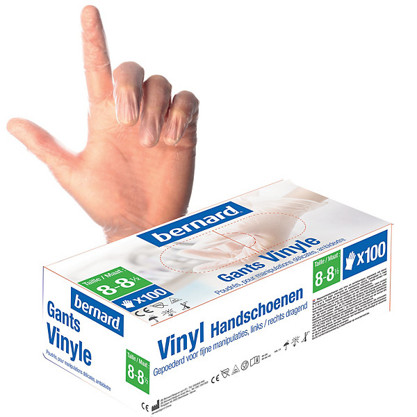 Gants jetables vinyle poudrés Premium Bernard taille 8, boîte de 100