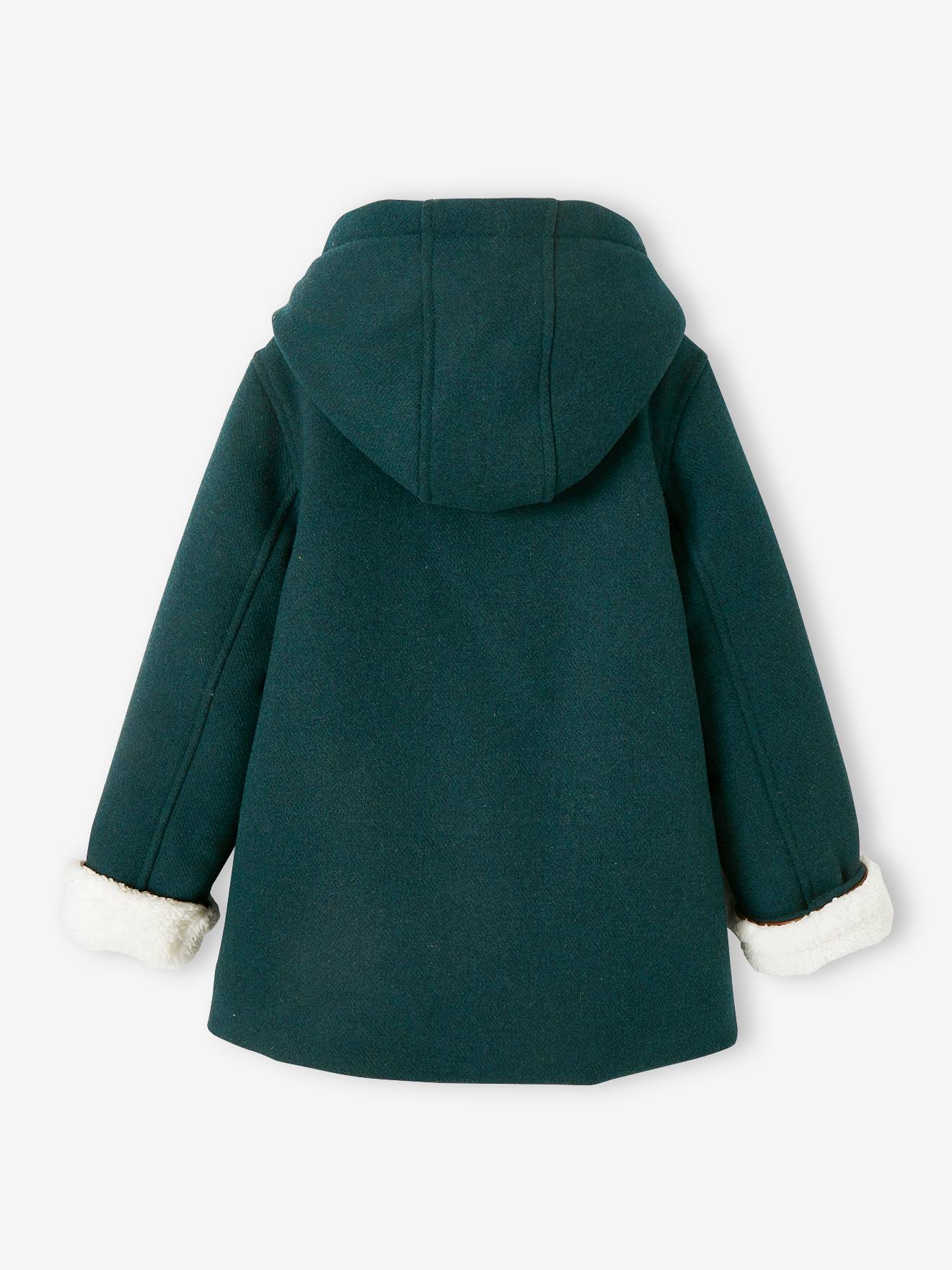 Casaco com capuz em lã com forro de sherpa, para meninas, bege médio liso com motivos.