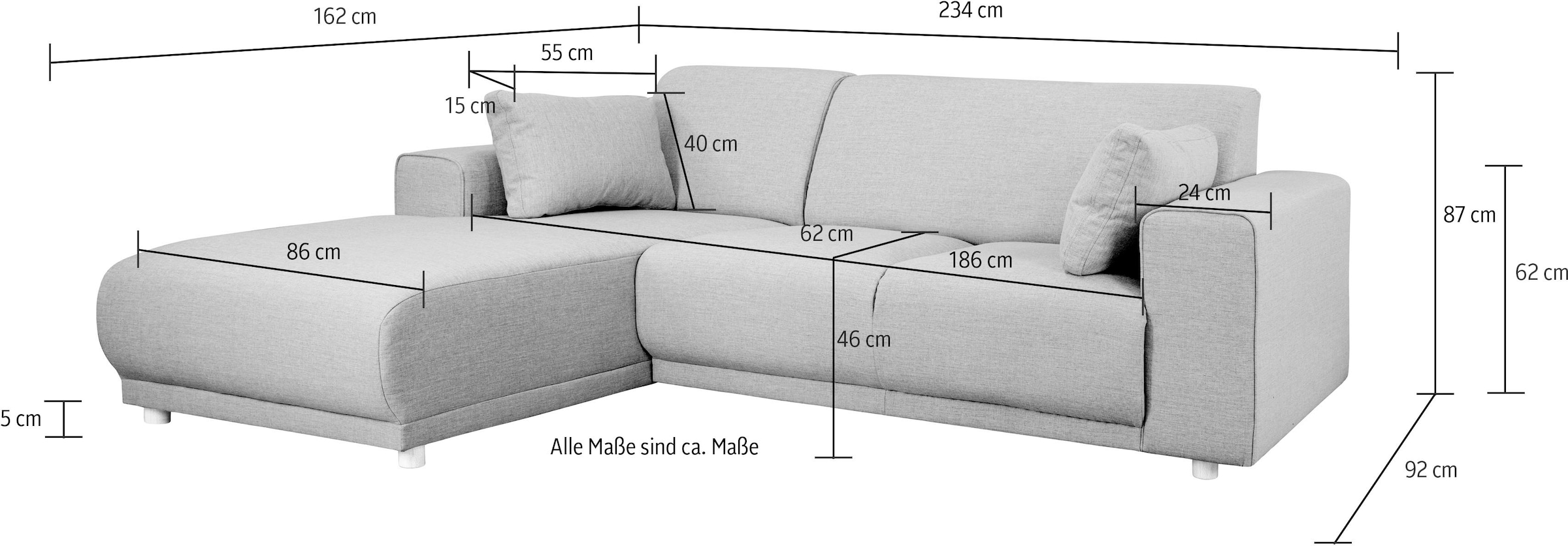 Home affaire Ecksofa »BORNHOLM L-Form mit Recamiere, Masse B/T/H: 234/162/85 cm« Recamiere links oder rechts bestellbar, Wellenfederung, inkl. 2 Kissen