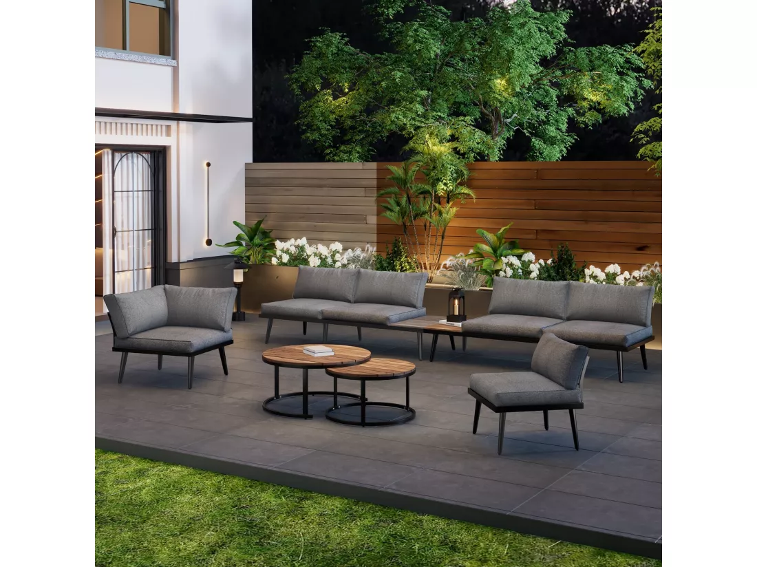 Salon de jardin 5 à 6 personnes, avec cadre en fer galvanisé et bois Acacia, canapé modulable + tables gigognes